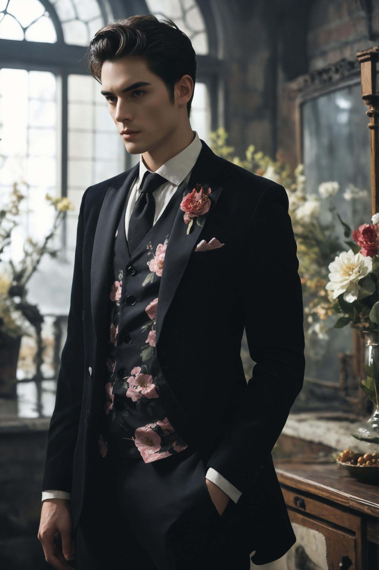 a man,wearing floral clothes,