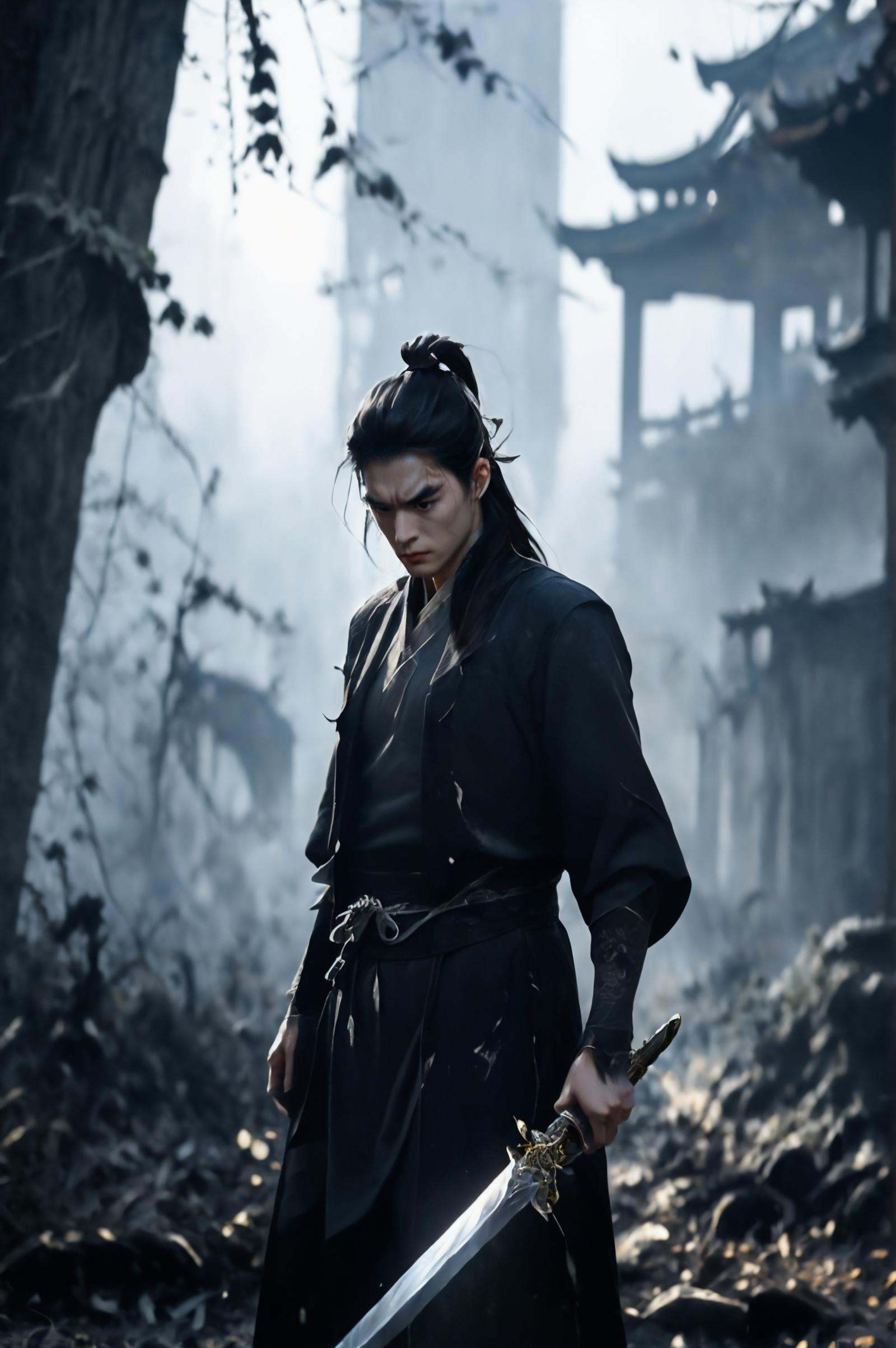 (dramatic, gritty, intense:1.4),masterpiece, best quality, 8k, insane details, intricate details, hyperdetailed, hyper quality, high detail, ultra detailed, Masterpiece,,1girl,solo, hanfu,dress,red ribbon,jewelry,wind,long sleeves,long hair, hair ornament,tassel, (full body:0.8),,holding weapon, sword,,looking at viewer，realistic，bamboo grove，Chinese architecture，,A shot with tension，(Visual impact,giving the poster a dynamic and visually striking appearance:1.2),Chinese Zen style,impactful picture,,<lora:swordsman_20230822184207:0.8>