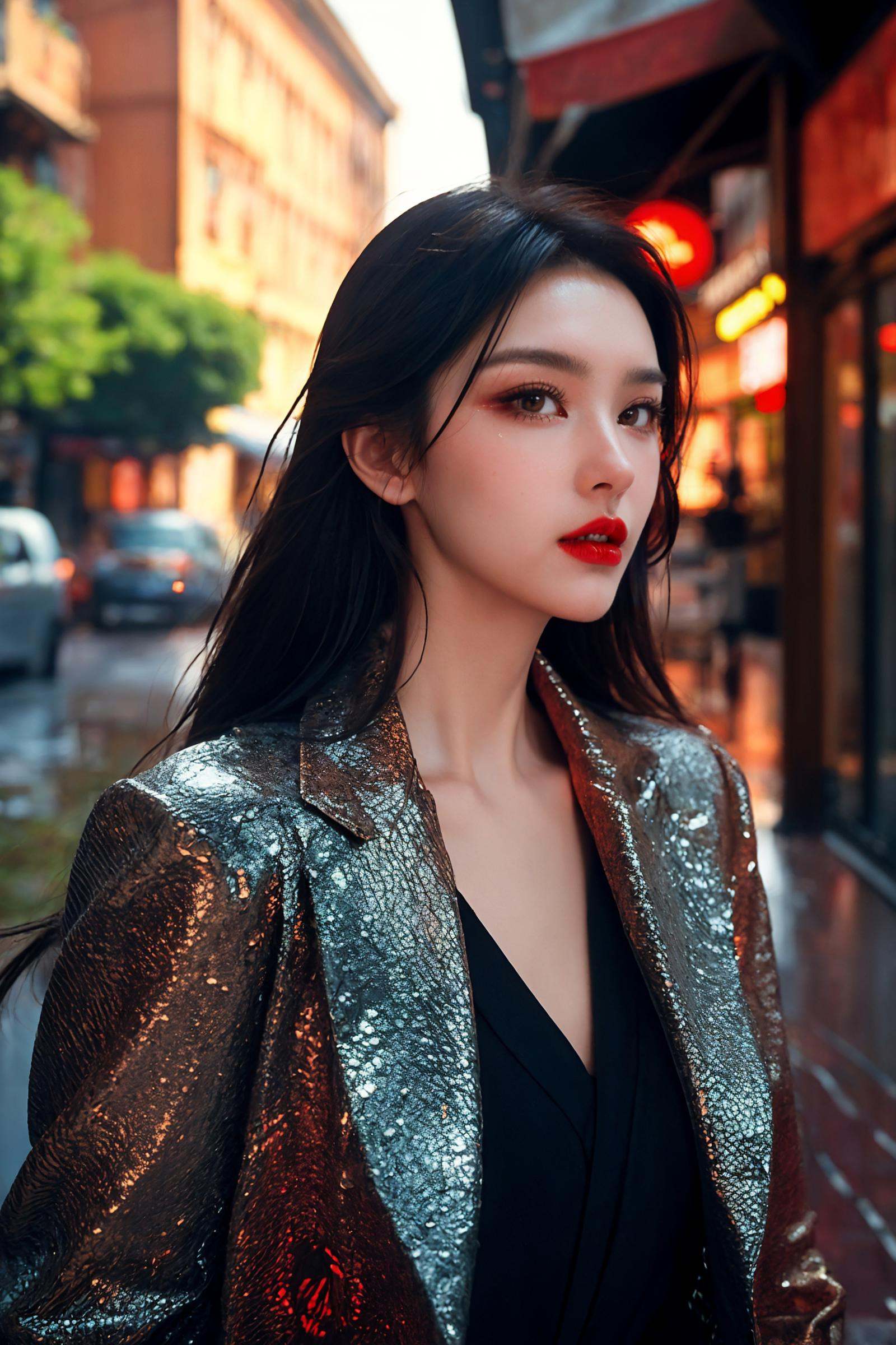 ((masterpiece)),((best quality)),((high detial)),((realistic,))，1girl,Industrial age city, deep canyons in the middle, architectural streets, bazaars, Bridges, rainy days, steampunk, European architecture,A mature face，sideways glance, (cold attitude,eyeshadow,eyeliner:0.9),(red lips:1.3),watery eyes,