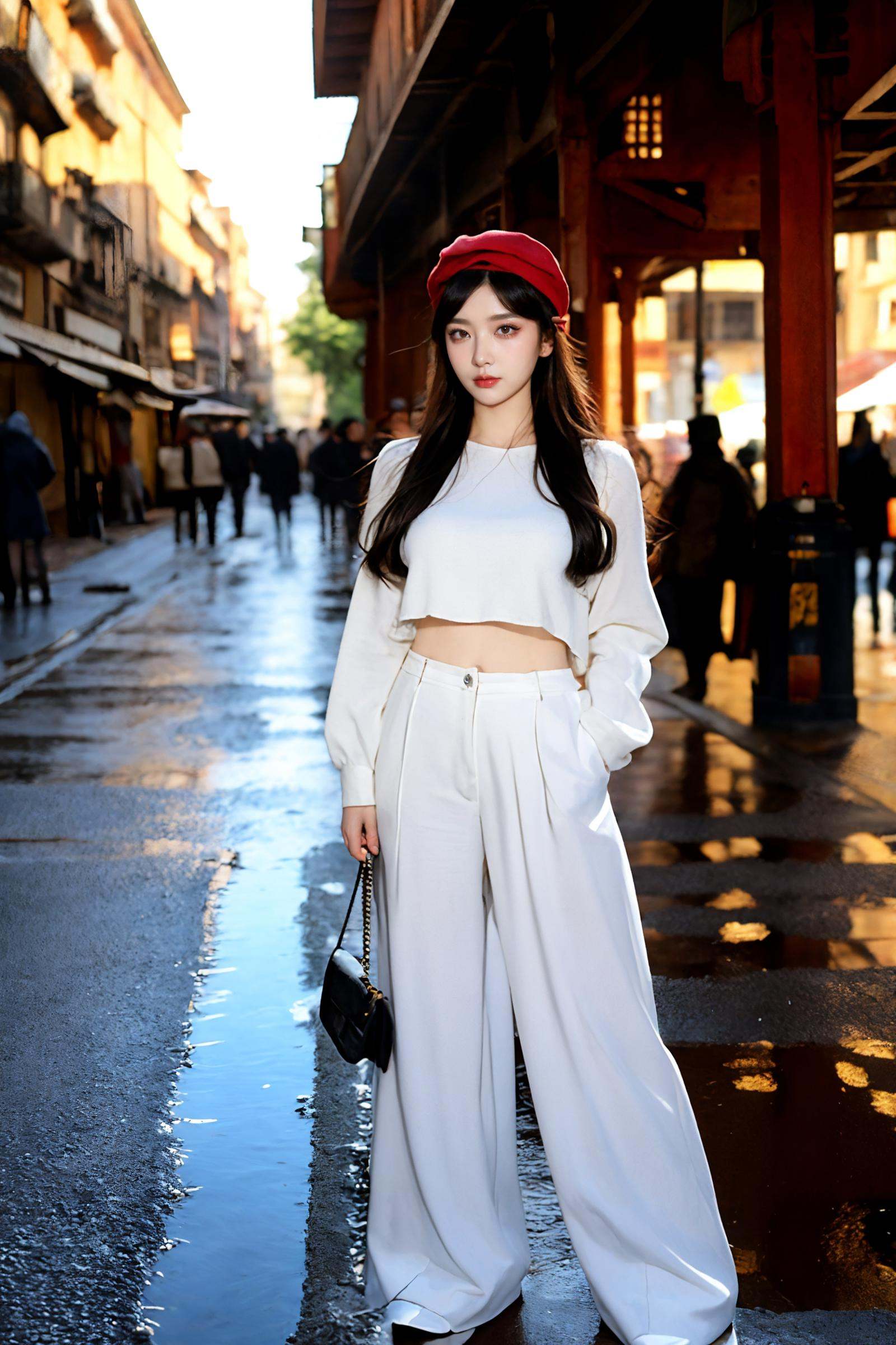((masterpiece)),((best quality)),((high detial)),((realistic,))，1girl,Industrial age city, deep canyons in the middle, architectural streets, bazaars, Bridges, rainy days, steampunk, European architecture,A mature face，sideways glance, (cold attitude,eyeshadow,eyeliner:0.9),watery eyes,  beret, white wide-leg pants,