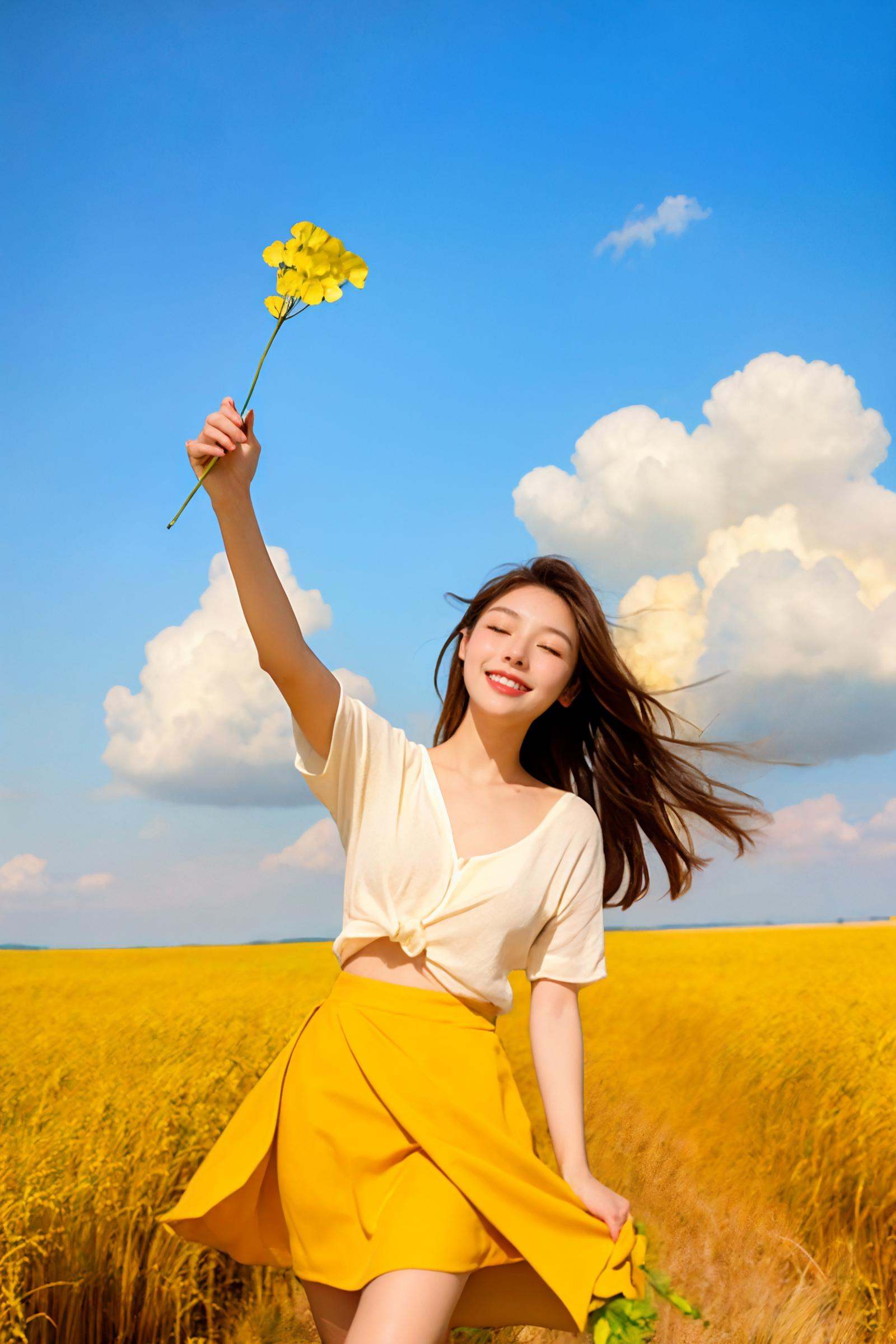 1 girl, brown hair, wearing an orange skirt, face to the blue sky, eyes closed, smiling, surrounded by yellow wheat fields, yellow ginkgo floating in the sky, white clouds floating in the blue sky, cartoon style, high quality, high resolution, look up, three-ee point oint perspective, the deep knee