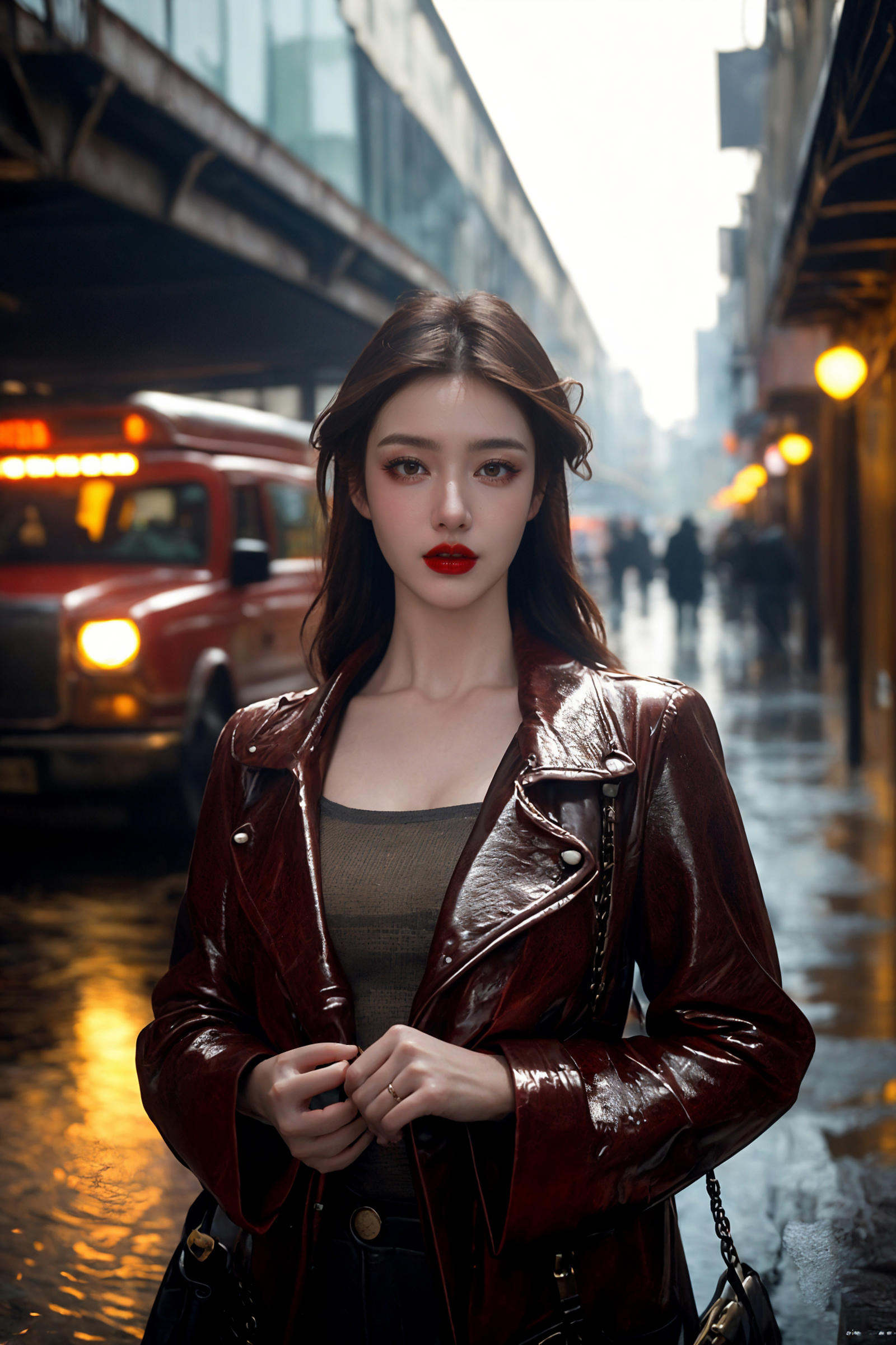 ((masterpiece)),((best quality)),((high detial)),((realistic,))，Industrial age city, deep canyons in the middle, architectural streets, bazaars, Bridges, rainy days, steampunk, European architecture,A mature face，sideways glance, (cold attitude,eyeshadow,eyeliner:0.9),(red lips:1.3),watery eyes,