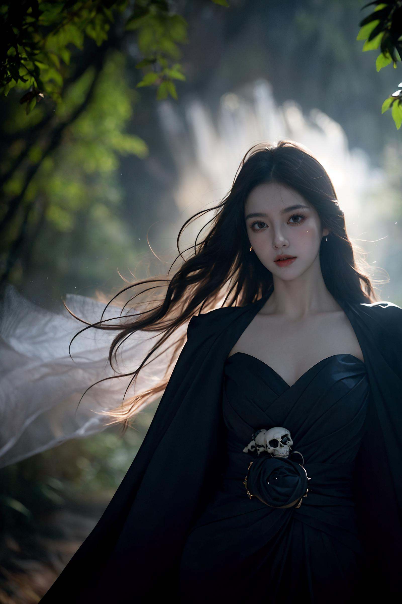 The Skeleton young Witch, flying, epoxy_skull, amidst a black swirling vortex in a dark, mystical forest.  A beautiful woman with long hair stands, her figure draped in skeletal armor and an ethereal dress, engulfed by the swirling darkness.  The scene is intensely cinematic, dominated by deep shadows pierced by subtle hints of light, crafting a dramatic interplay of darkness and luminescence.  Wind, intensified to 1.2, weaves through the trees, enhancing her enigmatic silhouette, now surrounded by black smoke and the eye of a storm.  Close-up on her sad expression, amidst sparkling embers and a billowing long piece of cloth,