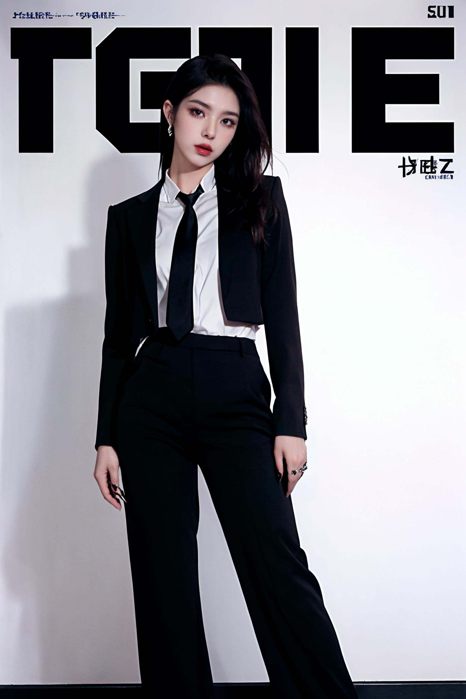 ((((dramatic))), (((gritty))), (((intense))) film poster featuring a A mature face as the central character.  She stands confidently in the center of the poster, A mature face，wearing a stylish and edgy outfit, with a determined expression on her face.  The background is dark and gritty, with a sense of danger and intensity.  The text is bold and attention-grabbing, with a catchy tagline that adds to the overall feeling of drama and excitement.  The color palette is mainly dark with splashes of vibrant colors, giving the poster a dynamic and visually striking appearance,tachi-e (magazine:1.3), (cover-style:1.3), fashionable, vibrant, outfit, posing, front, colorful,solo, looking at viewer, shirt,1boy, white shirt, male focus, necktie, collared shirt, pants, black pants, formal, suit, black necktie, watch, wristwatch, black suit, full body,(long legs:1.2),Visual impact,A shot with tension,(upper body:1.0), sideways glance,cold attitude,Ear stud,tattoo,