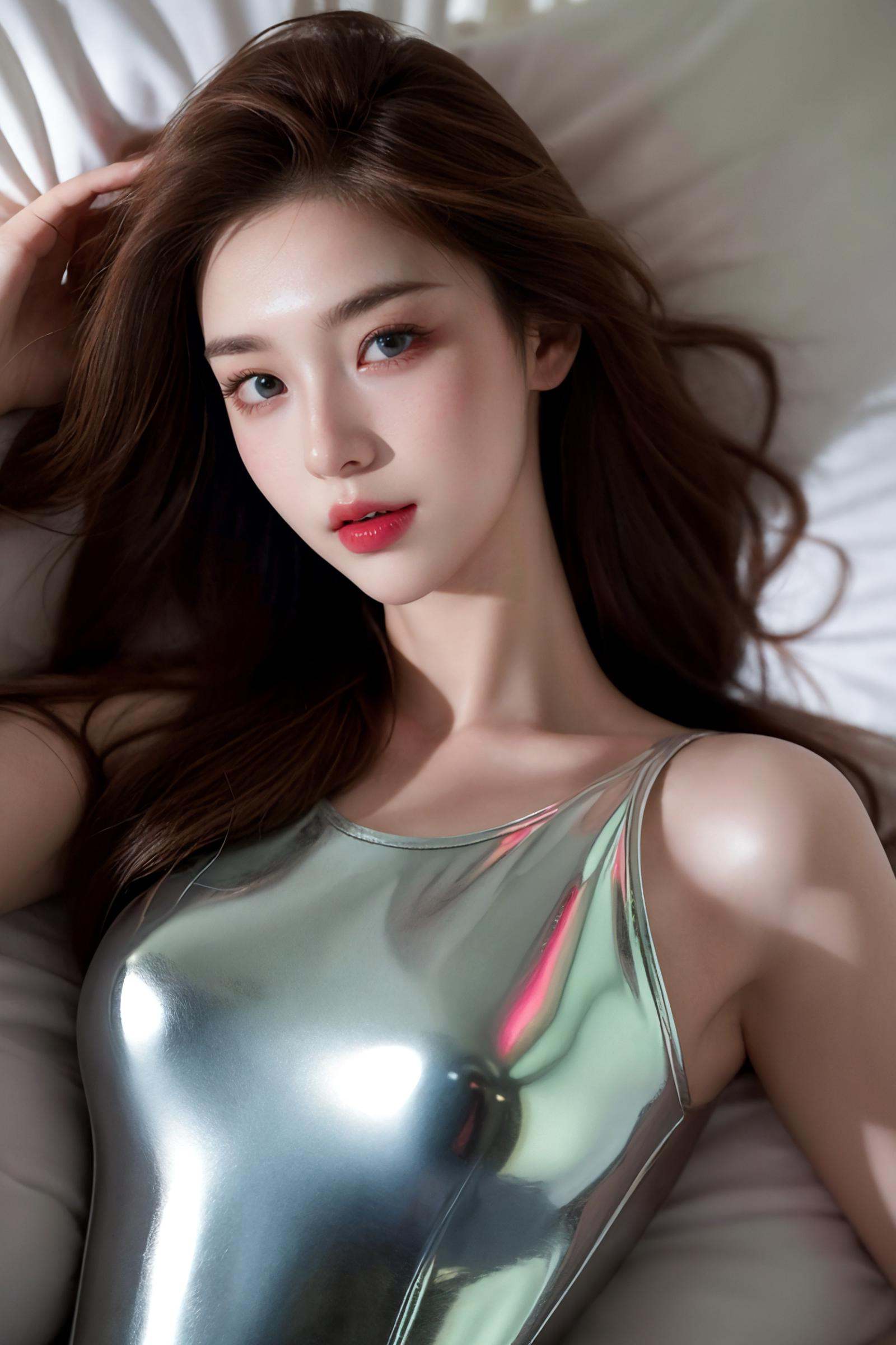 high quality fingers, normal hands, detailed fingers,masterpiece, (realistic, photo-realistic:1.37), 22 years old woman lying on her bed , medium breast, ginger hair, glamour, blue eyes, beautiful face, perfect illumination, beautiful detailed eyes,looking at viewer, stunningly beautiful woman, detailed hairstyle, detailed background, latex full body suit, (latex), lying on back, top down view,
