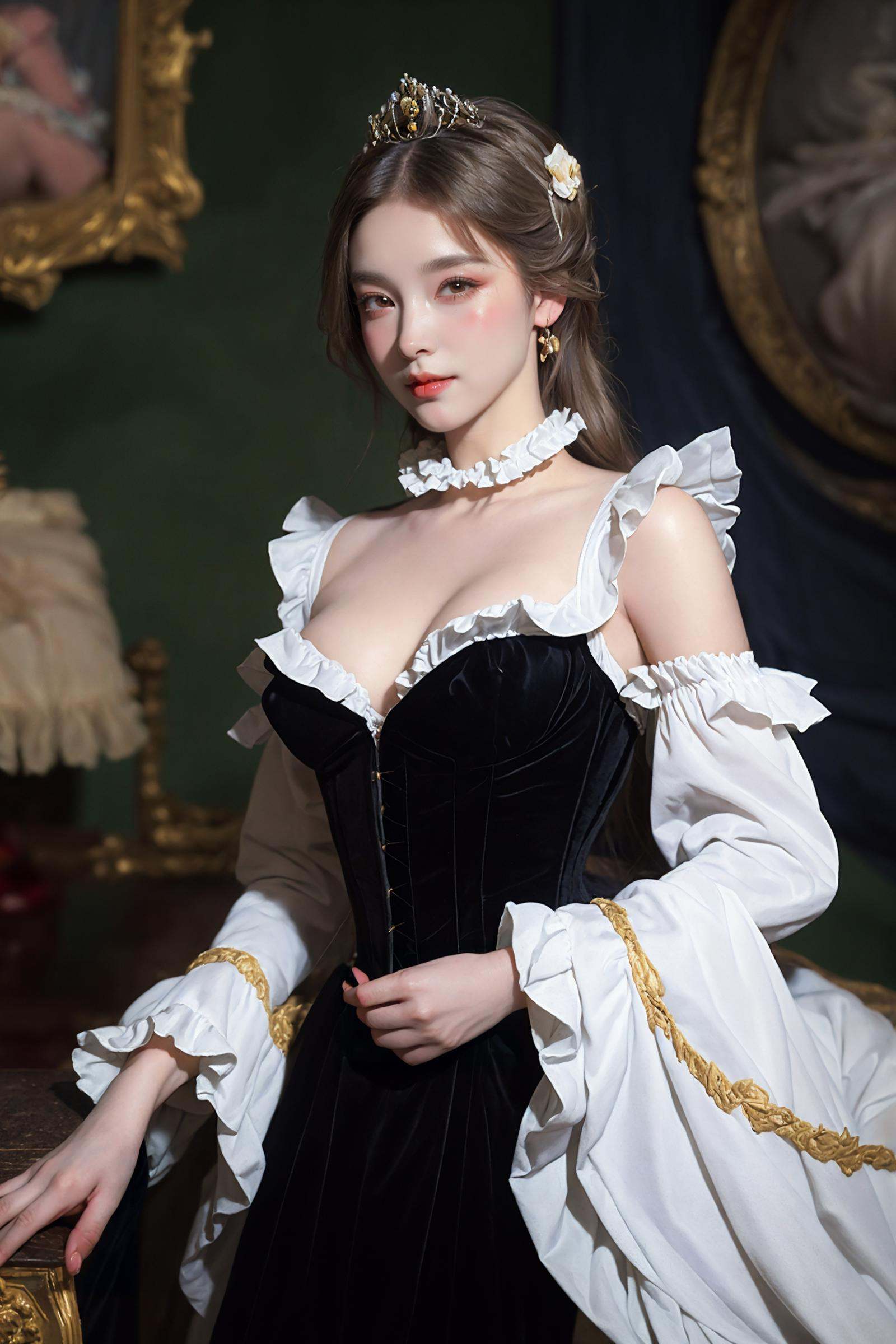 (by francois boucher and andre kohn:1.6), very long hair, (oil painting style, detailed artwork, art:1.2), (quaint:1.2), (ornate [tiara|crown]:1.2), (very beautiful victorian era princess, 19th century:1.4), bsp, front view, cowboy shot, (exposed breasts, naked *****, innie *****, puffy nipples:1.3), perfect hands, nice hands, (white hair:1.2), (wearing a large ruff, large ruffled collar, detached sleeves, long sleeves, frills, frilly, white corset:1.2), (intricate fabric:1.2), soft lighting, very detailed eyes, masterwork, best quality