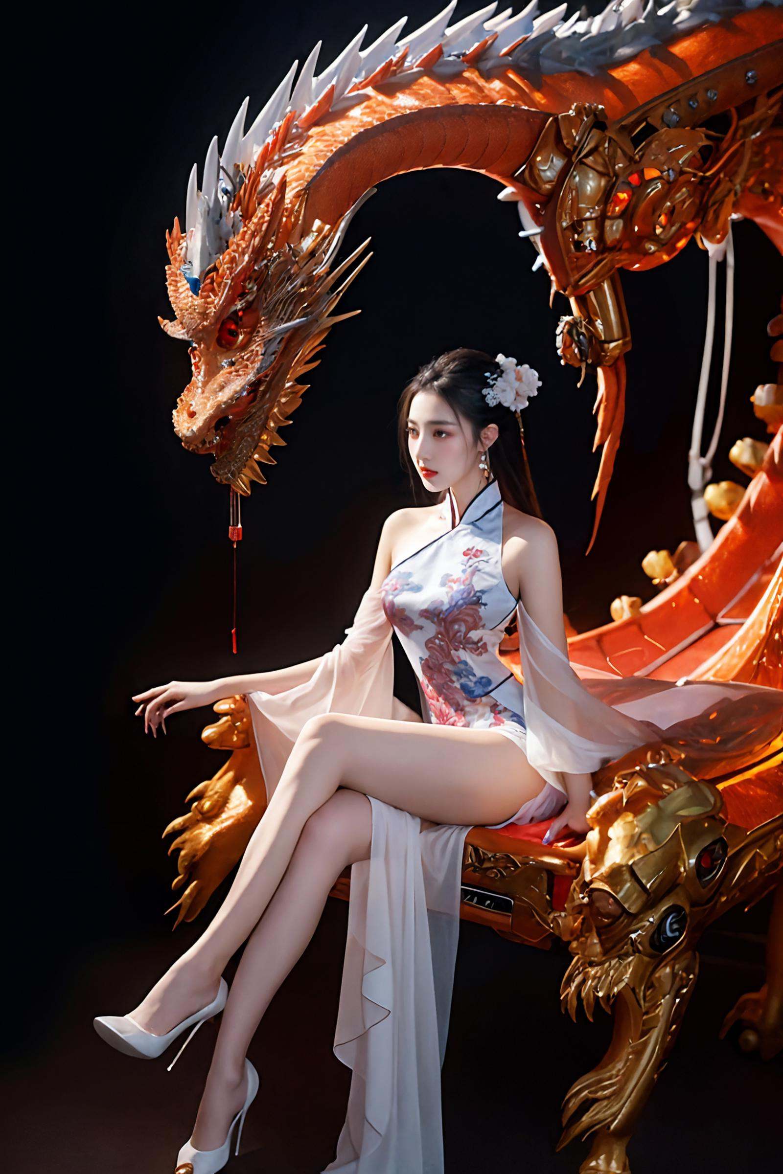 20-year-old female, young head with Chinese dragon, full body photo, sitting, Chinese star Cecilia Cheung, Chinese dragon, wearing Chinese Tang Dynasty clothing, front with extremely intricate mechanical structure, illustrated, x-ray perspective, designed by Nick Wexey, head robot Chinese dragon, transparent scales, can clearly see the mechanical skeleton inside. Color transparent acrylic material, style emphasizes anatomy, visually appears very ethereal, embodies the beauty of technology and art, the image appears very ethereal, rainbow-colored clothes,