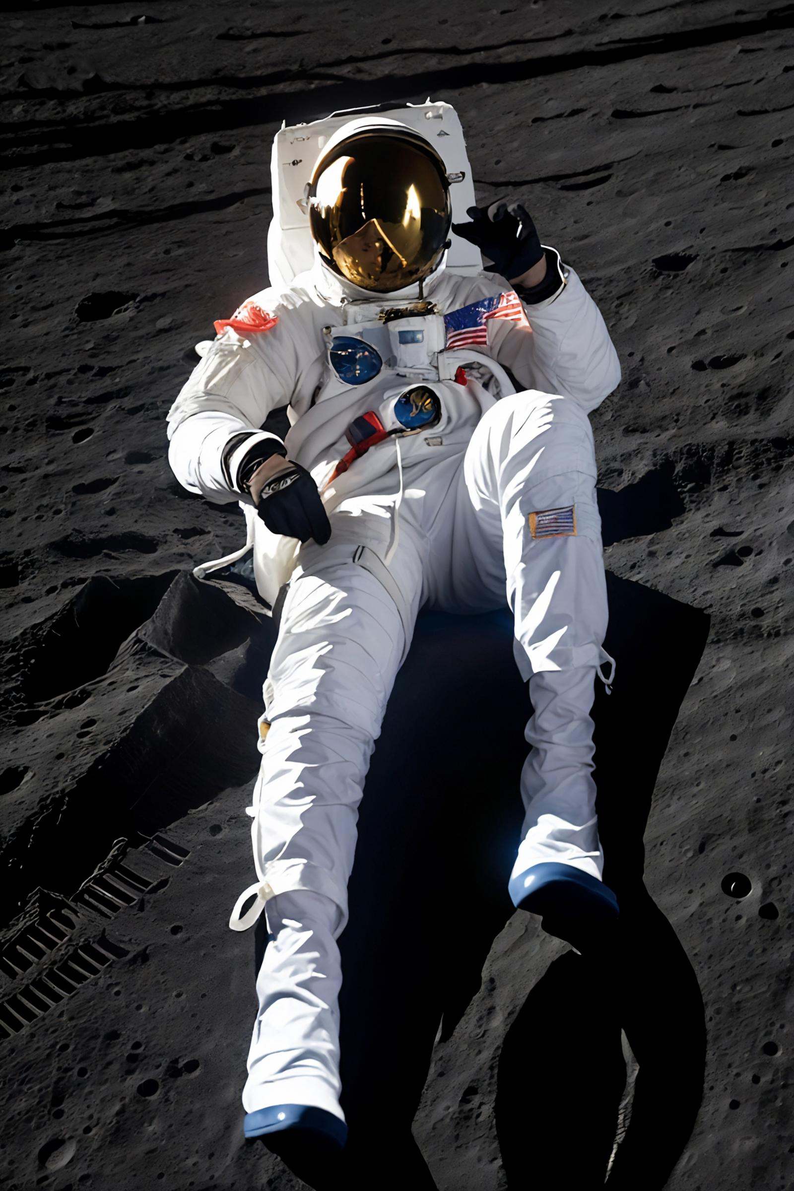 an astronaut wearing a white space suit with gold face shield is on the ground (on the surface of the moon:1.2) and (giving a footjob:1.3), starry sky background, earthrise