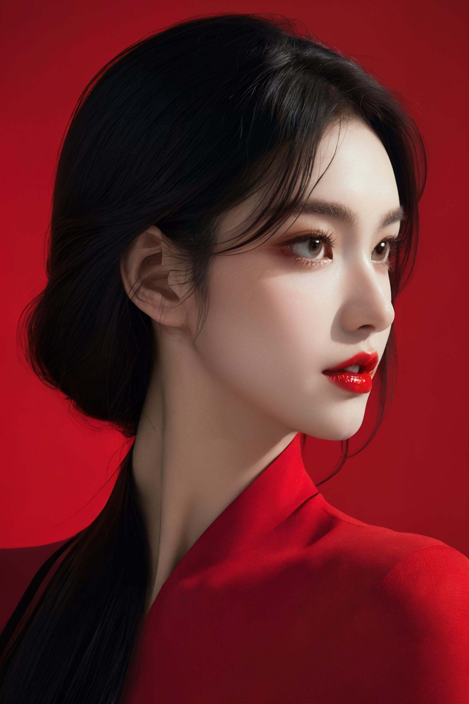 (Masterpiece:1.5),(Best Quality:1.5),High Resolution,Highly Detailed,(Low Contrast:1.1),<lora:add_detail:0.5>,Full body photo,.official art,red background,flat color,partially colored,{persona 5},.|key visual| intricate| highly detailed| breathtaking beauty| digital lineart| vibrant|,.Aestheticism Painting,.A mature face，sideways glance, (cold attitude,eyeshadow,eyeliner:1.0),(red lips:1.3),watery eyes,