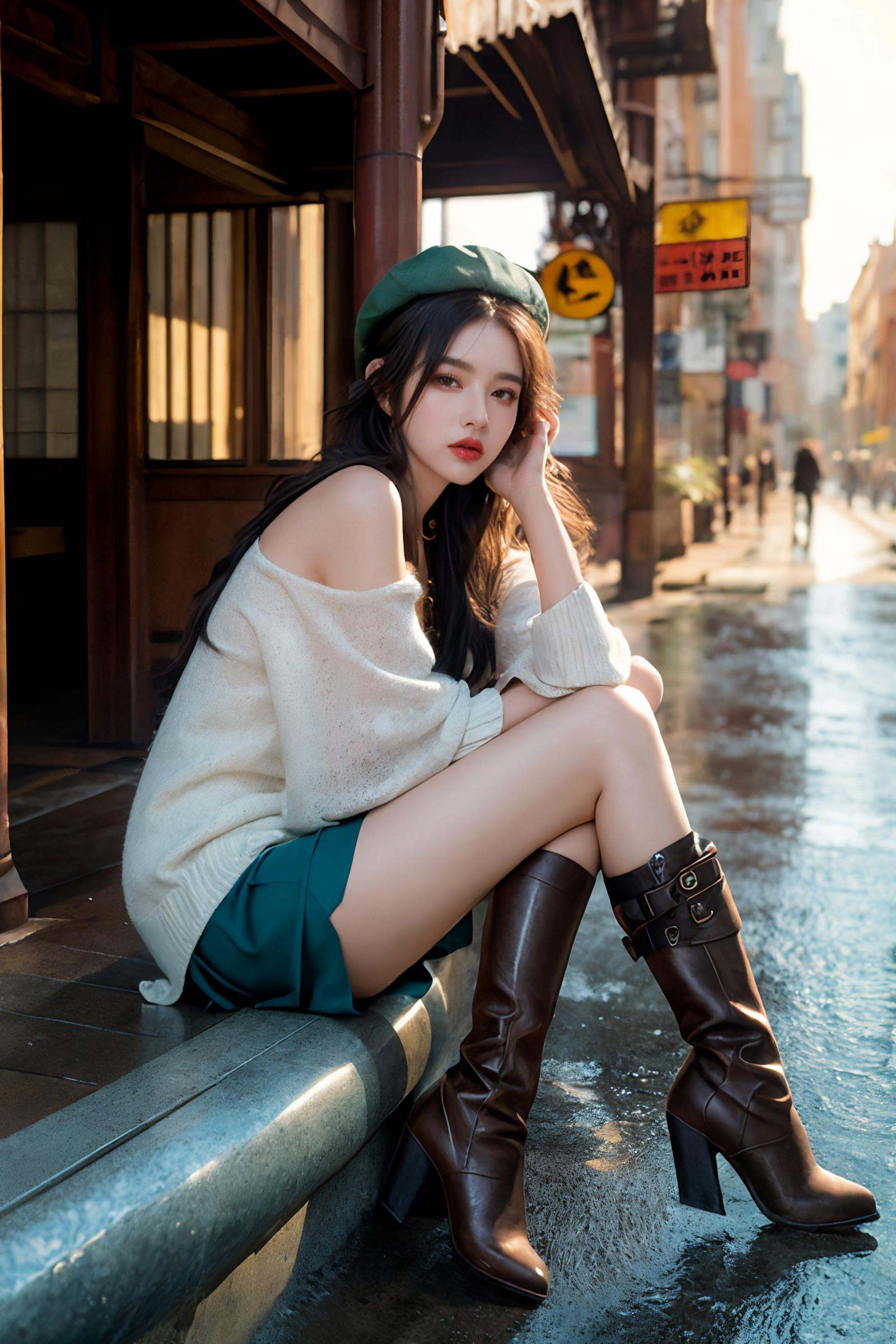 ((masterpiece)),((best quality)),((high detial)),((realistic,))，1girl,Industrial age city, deep canyons in the middle, architectural streets, bazaars, Bridges, rainy days, steampunk, European architecture,A mature face，sideways glance, (cold attitude,eyeshadow,eyeliner:0.9),watery eyes,  colored stockings,ankle boots,pleated_skirt,beret,