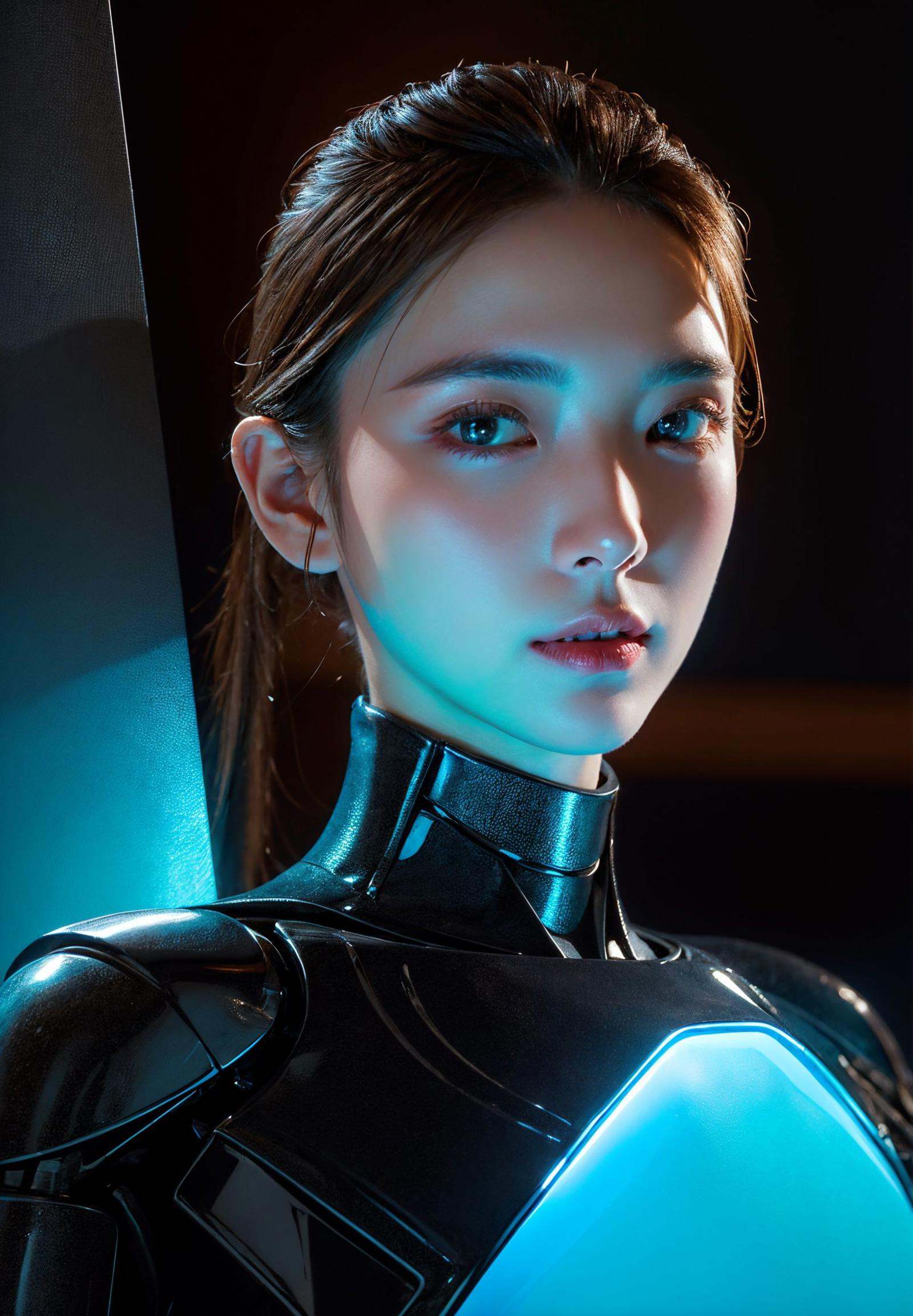 A futuristic side portrait of a humanoid robot. The robot's body is made of translucent materials,and its internal structure is clearly visible,including circuit boards and light-emitting elements. The robot has soft facial features with feminine features,including long hair and breasts. The robot's head and neck are structurally complex,with many connecting points and lines,suggesting its precise construction and possible versatility. High-tech and futuristic living concepts,cold and mechanical beauty,bioluminescence,fiber optics,masterpieces,octane rendering,unreal engine,Installation art,