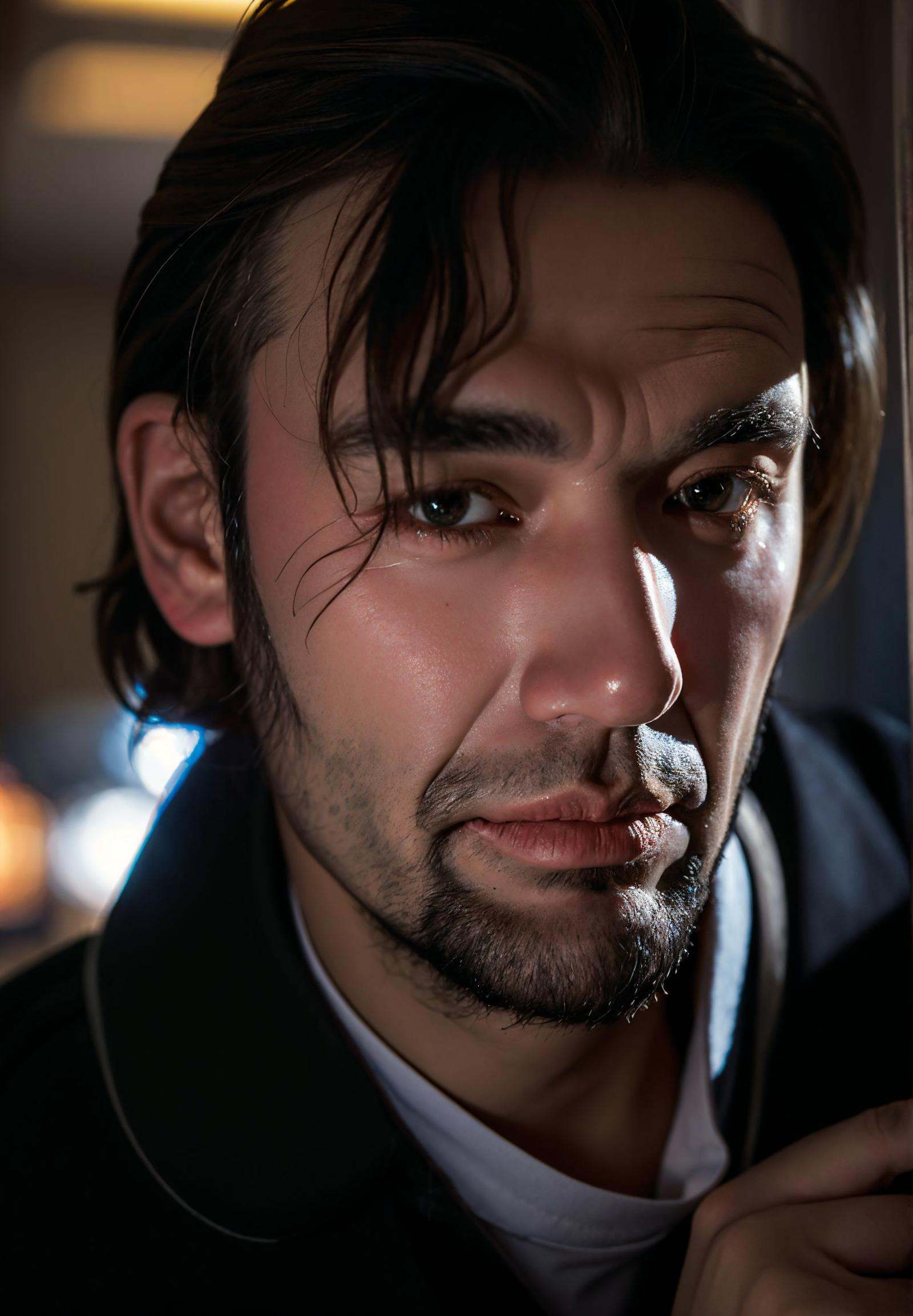 An President Lincoln,Gritty Portrait Photo of a weary,rugged individual sitting in a sparse,nondescript diner,his eyes betraying a sense of resigned acceptance,illuminated by the stark,fluorescent light overhead,from a close-up perspective,showcasing the film's exploration of fate,inevitability,and the changing nature of the world,