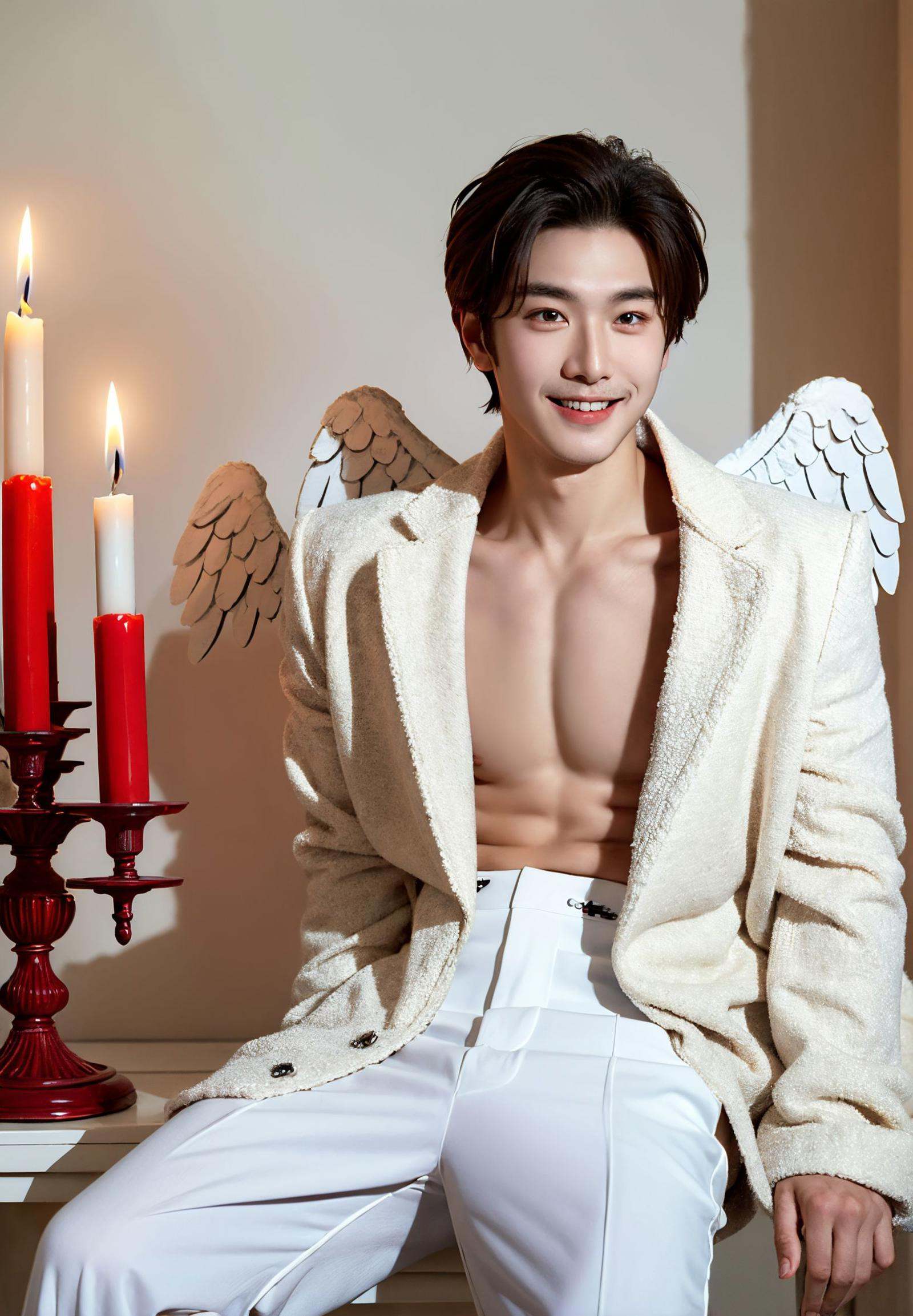 1 boy,xiaozhan,sitting,jacket,wings,pants,indoor,halo,feathers,large environment red,semi-nude upper body,angel,candle,prayer,white feather Film lighting,strong contrast,high level of detail,best quality,masterpiece,white background,solo,smile,gloves,