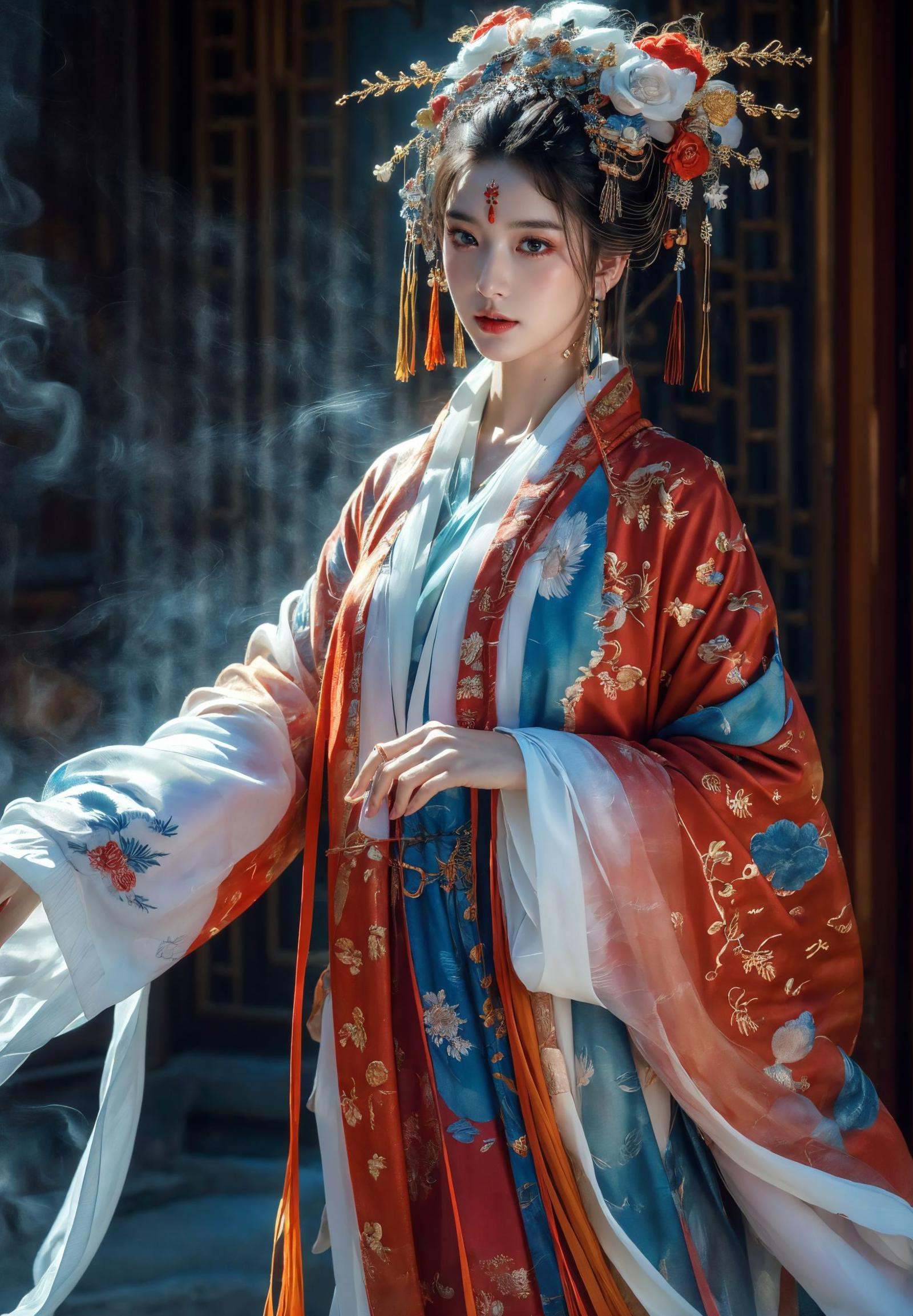 xuer embroidery,dark black and light magenta Theme Chinese Theme,Ink style,Combat posture,A shot with tension,detailed background,Double exposure,Buddha statue,Chinese architecture,line,badge,pattern,ultra realistic 8k cg,Splattered black ink,flawless,clean,Extreme flowing hair,masterpiece,professional artwork,famous artwork,cinematic lighting,cinematic bloom,(full body:1.2),((nagative space:0.8),(drawing board:1.3), (ether colorful ink flowing:1.3),gracefully twirls amidst a captivating whirlwind of vibrant silk ribbons, employing dynamic lighting to enhance the sense of motion and the striking colors, {Extremely Delicate Beautiful},(detailed eye description),((Delicate Faces)),(Beautiful and detailed facial depiction),,<lora:绪儿-刺绣汉服xuer embroidery:0.8>,,,