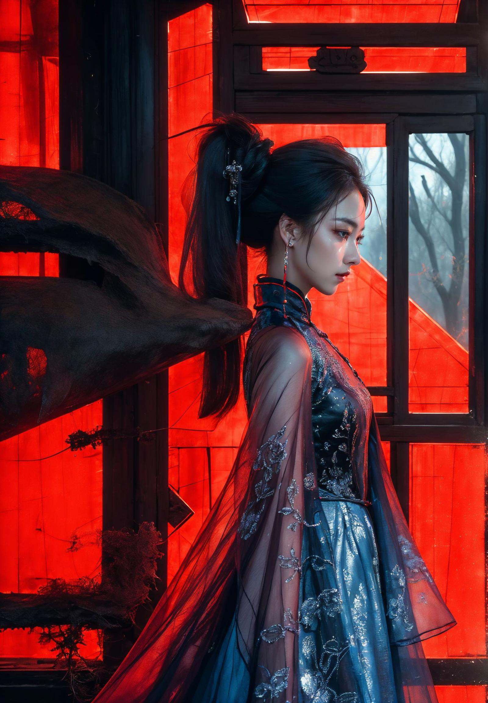 (masterpiece,top quality,best quality,official art,beautiful and aesthetic:1.2),neon lights,science fiction,xuer Palace gate,upper body,Dynamic Angle,Dynamic posture,Perspective,High Point,pov,1girl,extremely beautiful face,stunning face,perfect face,best face,extremely attractive,gorgeous,detailed face,highly detailed,realistic,hyper-realistic,IMAX,HD,8K resolutions,ultra-high resolutions,best quality,masterpiece,A shot with tension,(Visual impact,giving the poster a dynamic and visually striking appearance:1.2),Chinese Zen style,impactful picture,<lora:绪儿-宫xuer Palace gate:0.8>,