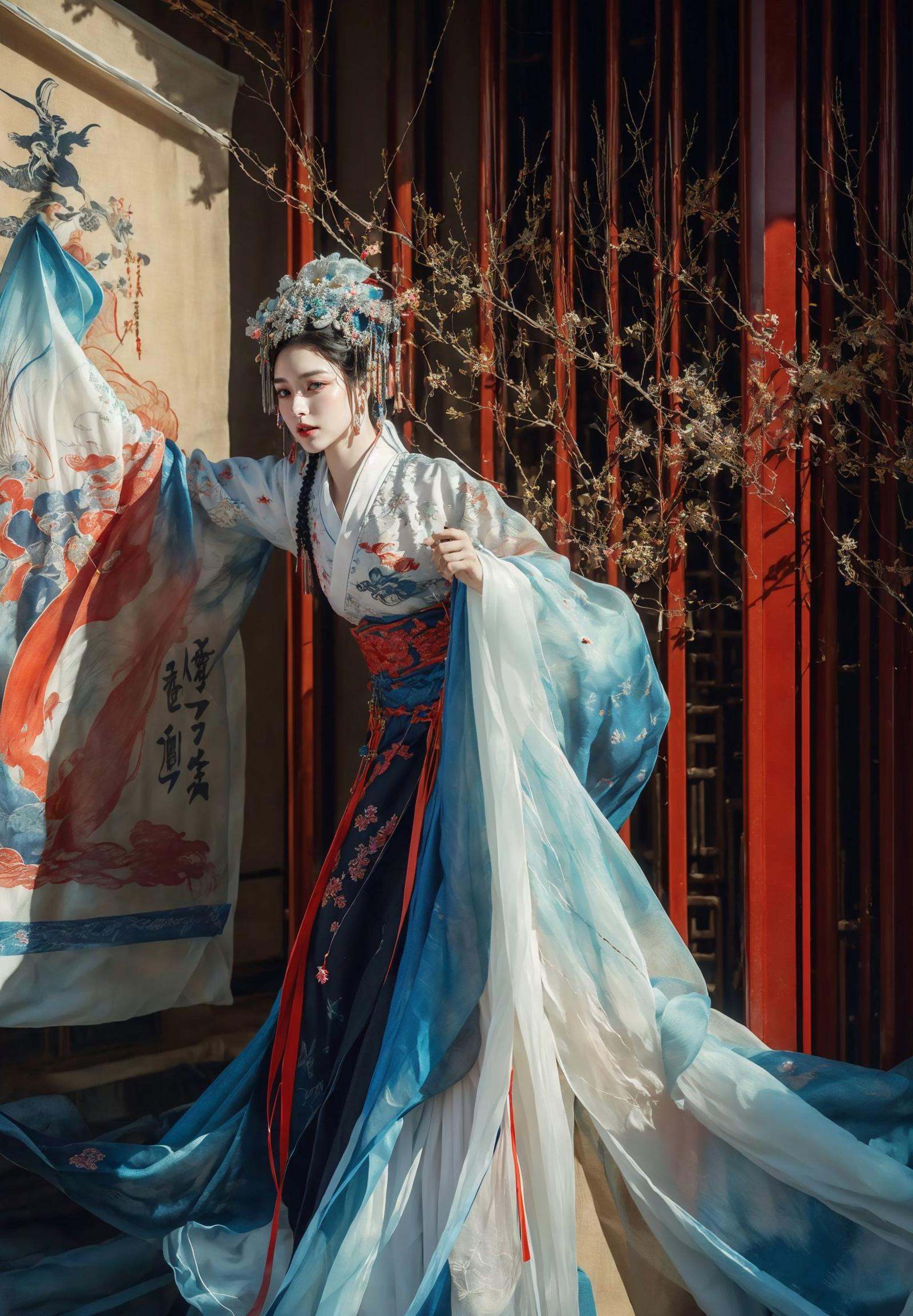xuer embroidery,dark black and light magenta Theme Chinese Theme,Ink style,Combat posture,A shot with tension,detailed background,Double exposure,Buddha statue,Chinese architecture,line,badge,pattern,ultra realistic 8k cg,Splattered black ink,flawless,clean,Extreme flowing hair,masterpiece,professional artwork,famous artwork,cinematic lighting,cinematic bloom,(full body:1.2),((nagative space:0.8),(drawing board:1.3), (ether colorful ink flowing:1.3),gracefully twirls amidst a captivating whirlwind of vibrant silk ribbons, employing dynamic lighting to enhance the sense of motion and the striking colors, {Extremely Delicate Beautiful},(detailed eye description),((Delicate Faces)),(Beautiful and detailed facial depiction), ,,,<lora:xuer embroidery_20240203234703:0.8>,