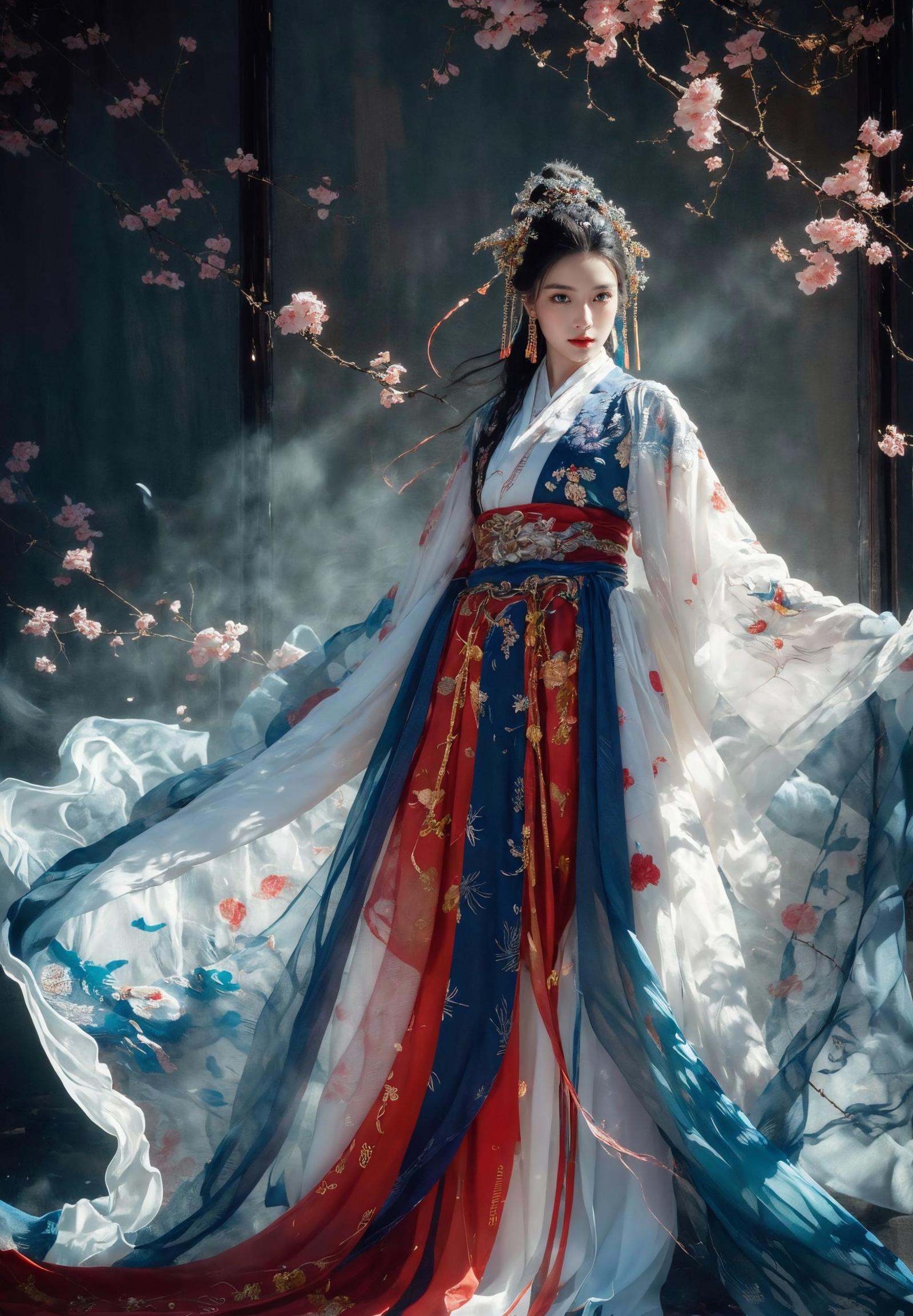xuer embroidery,dark black and light magenta Theme Chinese Theme,Ink style,Combat posture,A shot with tension,detailed background,Double exposure,Buddha statue,Chinese architecture,line,badge,pattern,ultra realistic 8k cg,Splattered black ink,flawless,clean,Extreme flowing hair,masterpiece,professional artwork,famous artwork,cinematic lighting,cinematic bloom,(full body:1.2),((nagative space:0.8),(drawing board:1.3), (ether colorful ink flowing:1.3),gracefully twirls amidst a captivating whirlwind of vibrant silk ribbons, employing dynamic lighting to enhance the sense of motion and the striking colors, {Extremely Delicate Beautiful},(detailed eye description),((Delicate Faces)),(Beautiful and detailed facial depiction),,<lora:绪儿-刺绣汉服xuer embroidery:0.8>,,,