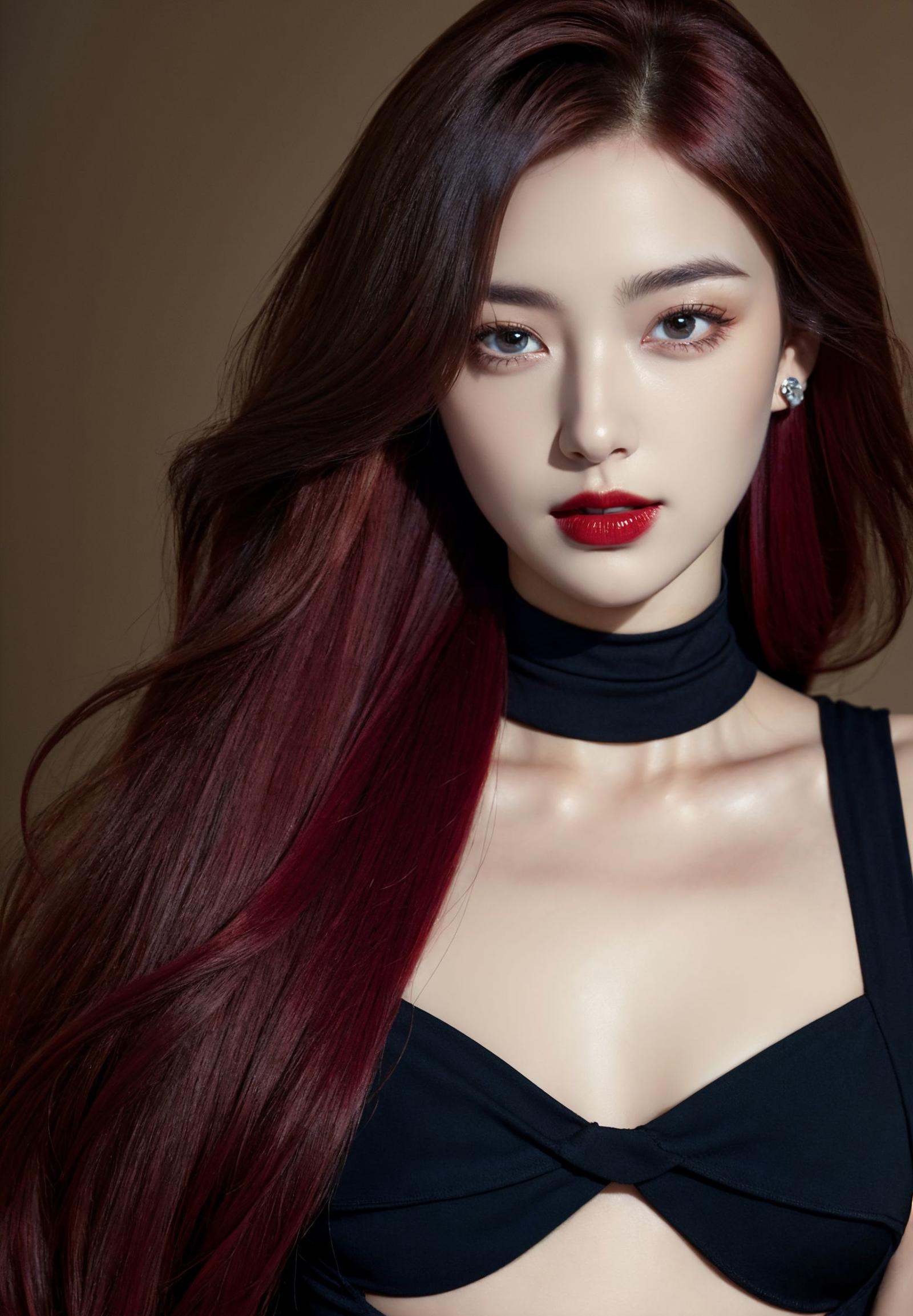 A woman of Caucasian descent with striking red hair and bold red lipstick,giving a glamorous look. She wears a high-neck black top,and the background is a warm brown shade that complements her vivid hair color.,