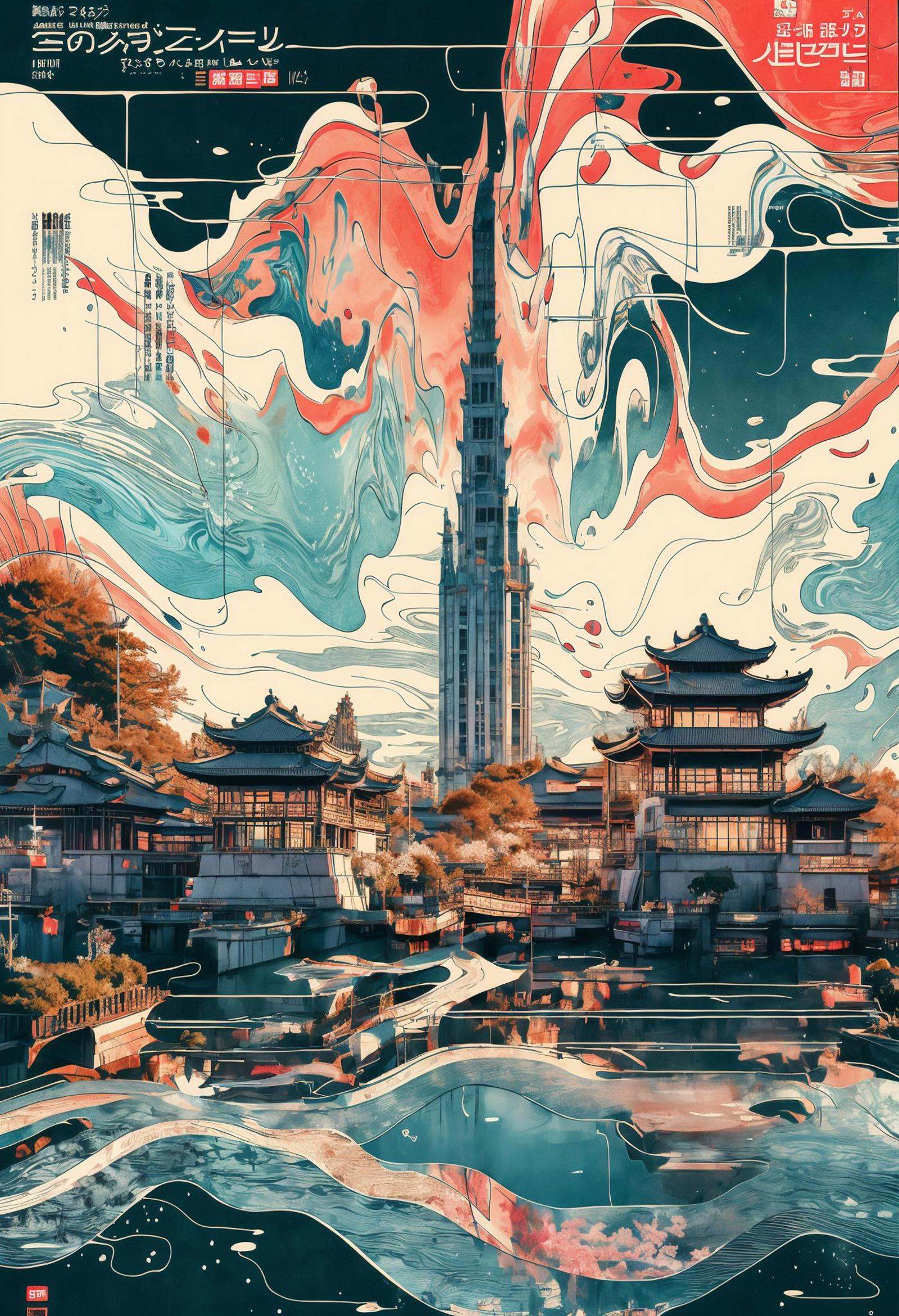 best quality,official art,beautiful and aesthetic:1.2),(fractal art:1.2),offcial art,colorful,Colorful background,splash of color,movie perspective,advertising style,magazine cover,32K,extremely detailed,photography,Amazing,finely detailed,best quality,ultra high res,The color palette is mainly dark with splashes of vibrant colors,giving the poster a dynamic and visually striking appearance,tachi-e (magazine:1.3),(cover-style:1.3),colorful,orient inspired,sky,<lora:绪儿-东方灵韵xuer orient inspired:0.8>,