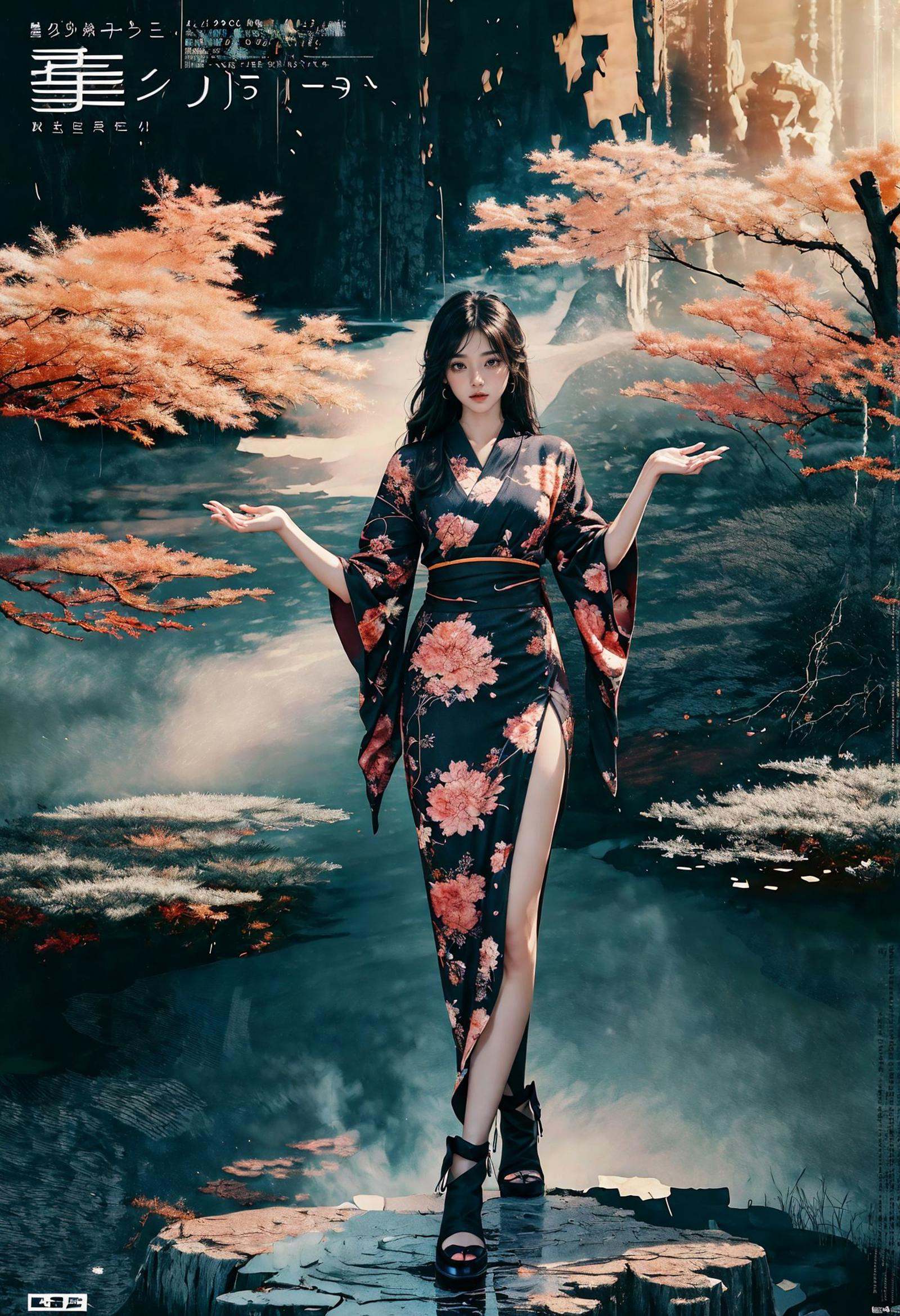 best quality,official art,beautiful and aesthetic:1.2),(fractal art:1.2),offcial art,colorful,Colorful background,splash of color,movie perspective,advertising style,magazine cover,32K,extremely detailed,photography,Amazing,finely detailed,best quality,ultra high res,The color palette is mainly dark with splashes of vibrant colors,giving the poster a dynamic and visually striking appearance,tachi-e (magazine:1.3),(cover-style:1.3),colorful,orient inspired,Dynamic Angle,Dynamic posture,Perspective,High Point,pov,(full body:1.1),<lora:绪儿-东方灵韵xuer orient inspired:0.8>,(print_kimono:1.3),