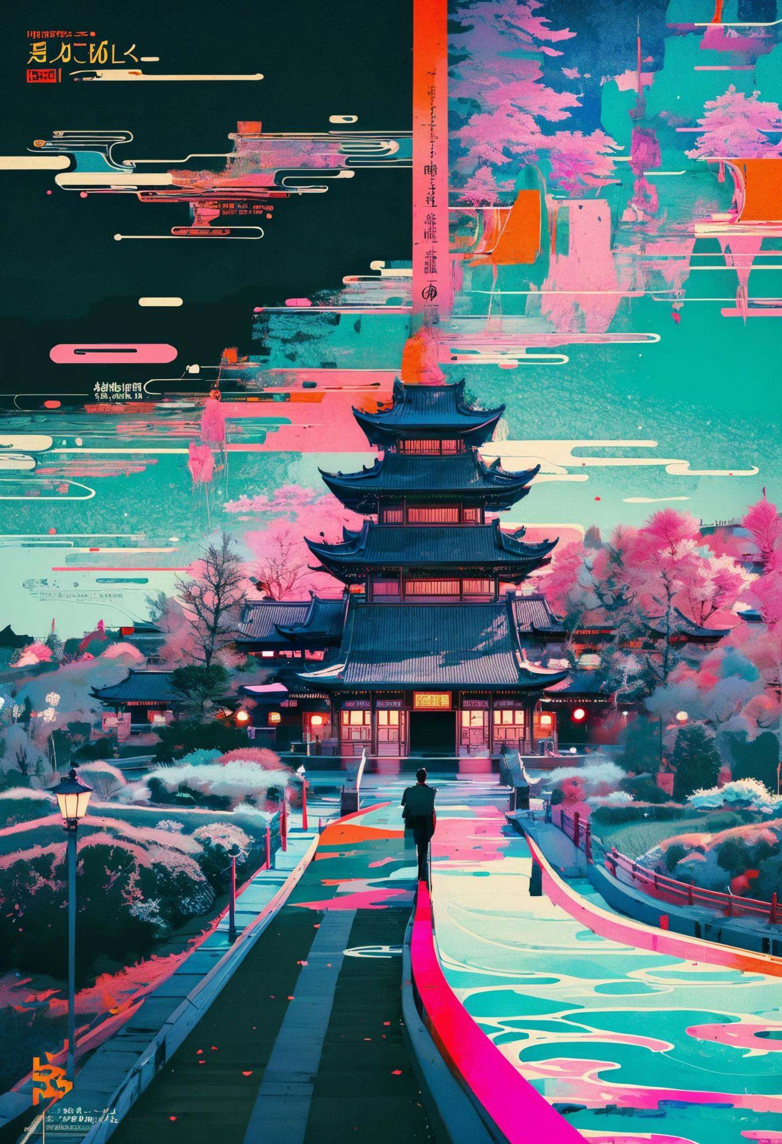 best quality,official art,beautiful and aesthetic:1.2),(fractal art:1.2),offcial art,colorful,Colorful background,splash of color,movie perspective,advertising style,magazine cover,32K,extremely detailed,photography,Amazing,finely detailed,best quality,ultra high res,The color palette is mainly dark with splashes of vibrant colors,giving the poster a dynamic and visually striking appearance,tachi-e (magazine:1.3),(cover-style:1.3),colorful,orient inspired,water,tree,no humans,from above,building,scenery,cityscape,watercraft,bridge,east asian architecture,pagoda,<lora:绪儿-东方灵韵xuer orient inspired:0.8>,