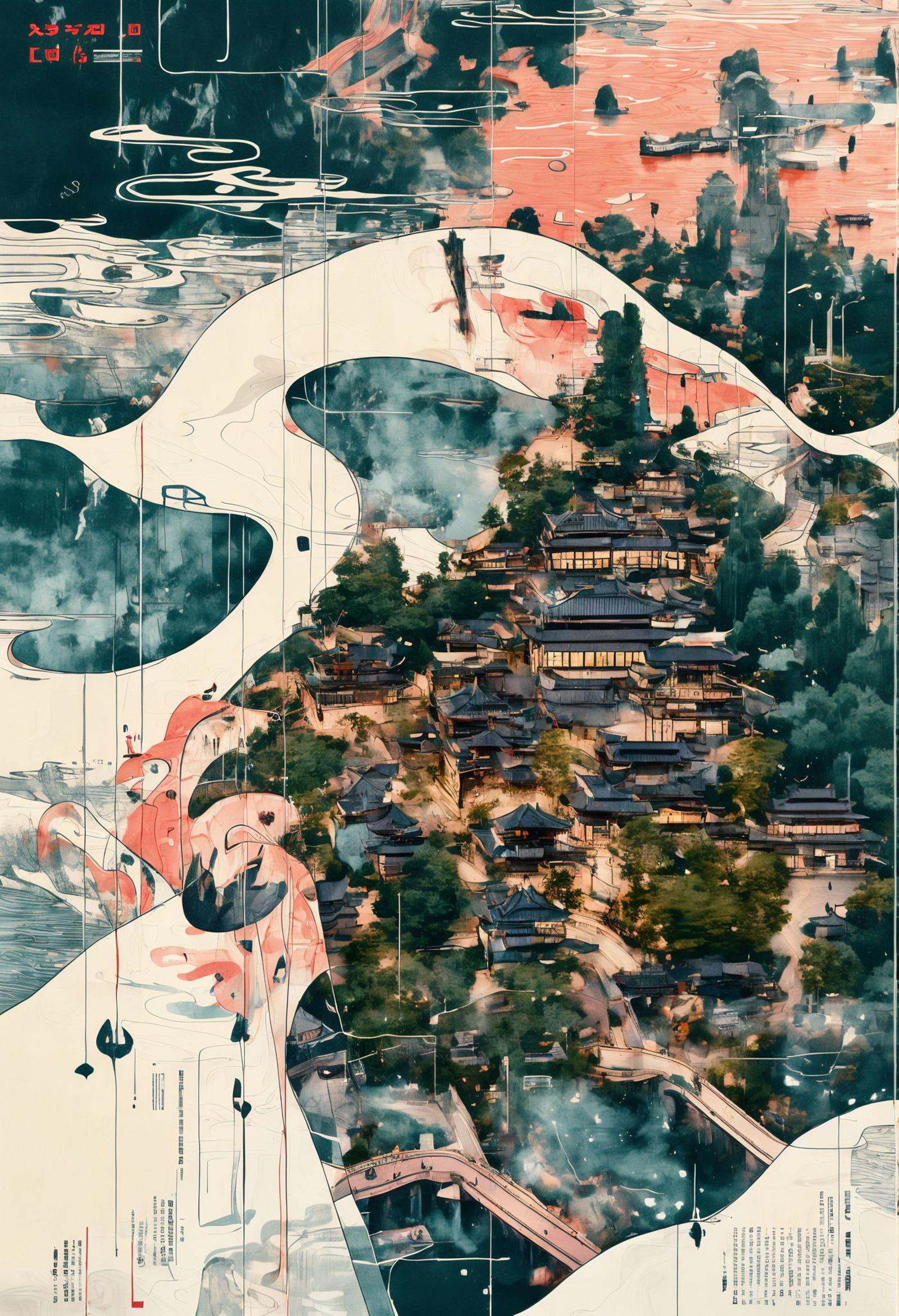 best quality,official art,beautiful and aesthetic:1.2),(fractal art:1.2),offcial art,colorful,Colorful background,splash of color,movie perspective,advertising style,magazine cover,32K,extremely detailed,photography,Amazing,finely detailed,best quality,ultra high res,The color palette is mainly dark with splashes of vibrant colors,giving the poster a dynamic and visually striking appearance,tachi-e (magazine:1.3),(cover-style:1.3),colorful,orient inspired,sky,cloud,tree,no humans,building,scenery,smoke,mountain,chinese text,bridge,east asian architecture,pagoda,<lora:绪儿-东方灵韵xuer orient inspired:1>,