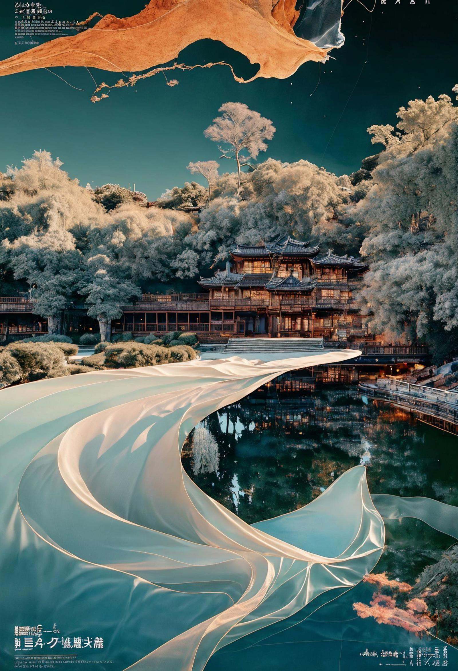 best quality,official art,beautiful and aesthetic:1.2),(fractal art:1.2),offcial art,colorful,Colorful background,splash of color,movie perspective,advertising style,magazine cover,32K,extremely detailed,photography,Amazing,finely detailed,best quality,ultra high res,The color palette is mainly dark with splashes of vibrant colors,giving the poster a dynamic and visually striking appearance,tachi-e (magazine:1.3),(cover-style:1.3),colorful,orient inspired,sky,cloud,tree,no humans,building,scenery,smoke,mountain,east asian architecture,pagoda,<lora:绪儿-东方灵韵xuer orient inspired:0.8>,
