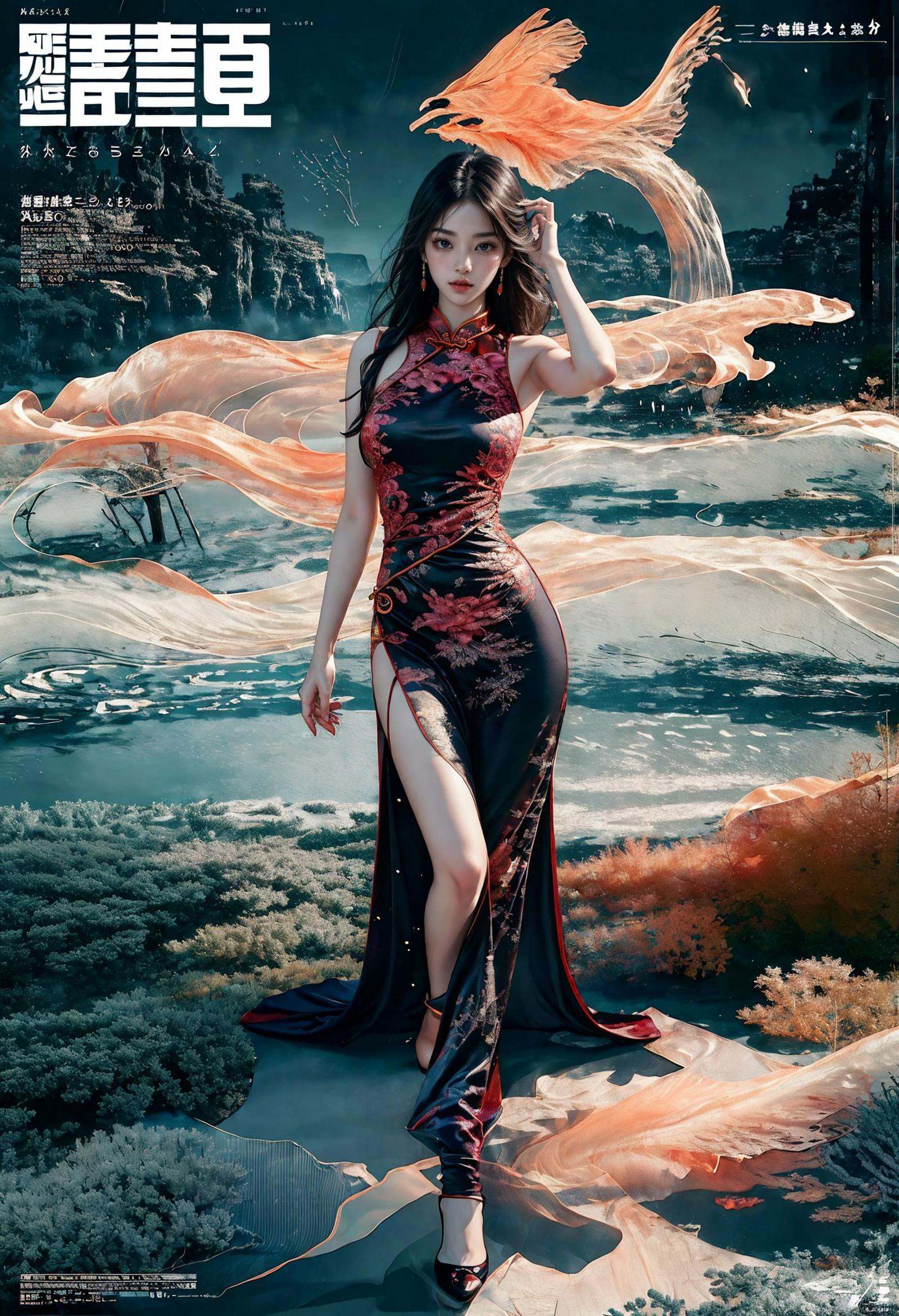 best quality,official art,beautiful and aesthetic:1.2),(fractal art:1.2),offcial art,colorful,Colorful background,splash of color,movie perspective,advertising style,magazine cover,32K,extremely detailed,photography,Amazing,finely detailed,best quality,ultra high res,The color palette is mainly dark with splashes of vibrant colors,giving the poster a dynamic and visually striking appearance,tachi-e (magazine:1.3),(cover-style:1.3),colorful,orient inspired,Dynamic Angle,Dynamic posture,Perspective,High Point,pov,(full body:1.1),<lora:绪儿-东方灵韵xuer orient inspired:0.8>,(print_cheongsam:1.3),