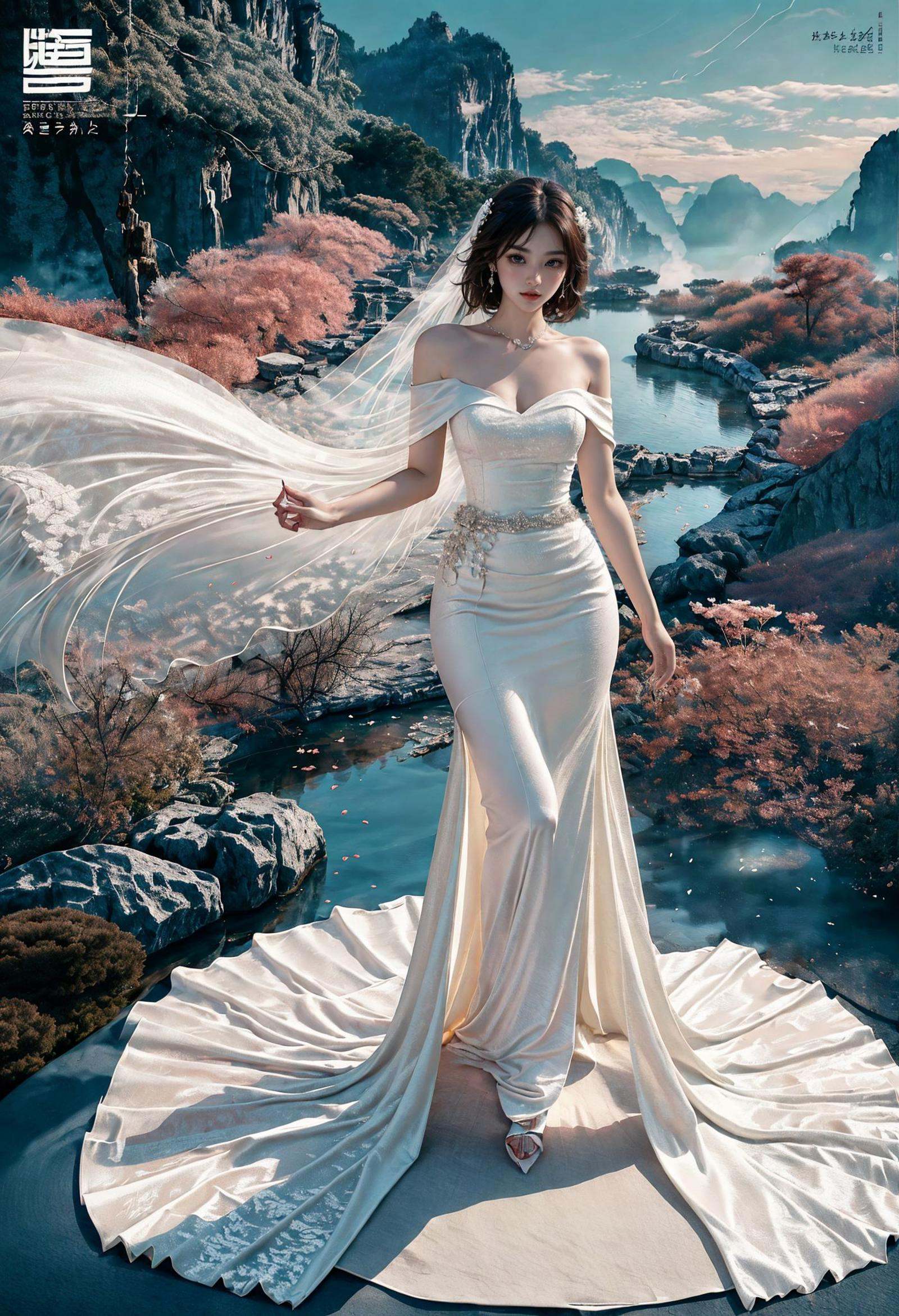 best quality,official art,beautiful and aesthetic:1.2),(fractal art:1.2),offcial art,colorful,Colorful background,splash of color,movie perspective,advertising style,magazine cover,32K,extremely detailed,photography,Amazing,finely detailed,best quality,ultra high res,The color palette is mainly dark with splashes of vibrant colors,giving the poster a dynamic and visually striking appearance,tachi-e (magazine:1.3),(cover-style:1.3),colorful,orient inspired,Dynamic Angle,Dynamic posture,Perspective,High Point,pov,(full body:1.1),<lora:绪儿-东方灵韵xuer orient inspired:0.8>,(wedding_dress:1.4),