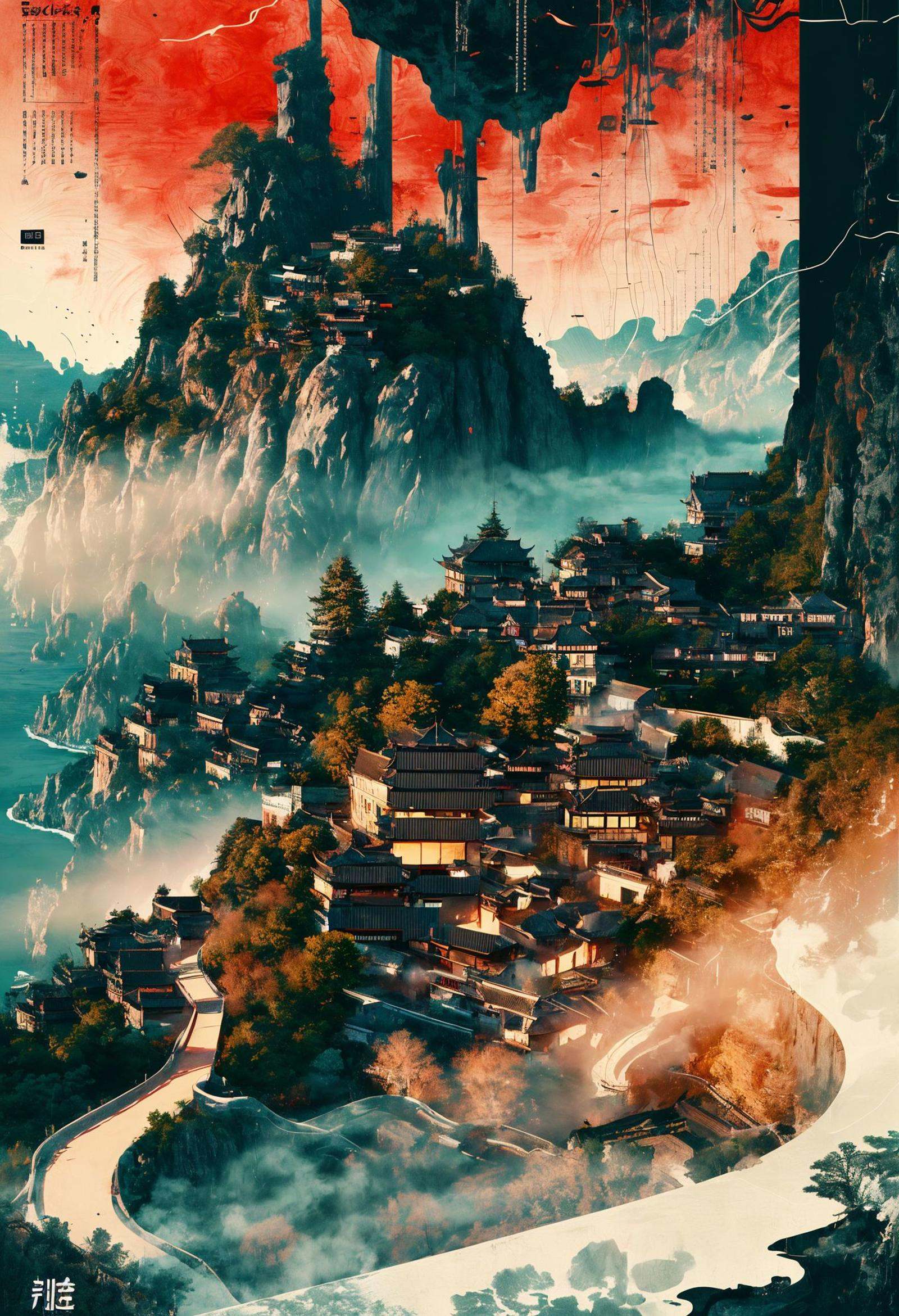 best quality,official art,beautiful and aesthetic:1.2),(fractal art:1.2),offcial art,colorful,Colorful background,splash of color,movie perspective,advertising style,magazine cover,32K,extremely detailed,photography,Amazing,finely detailed,best quality,ultra high res,The color palette is mainly dark with splashes of vibrant colors,giving the poster a dynamic and visually striking appearance,tachi-e (magazine:1.3),(cover-style:1.3),colorful,orient inspired,water,tree,no humans,building,scenery,smoke,fantasy,watercraft,bridge,waterfall,<lora:绪儿-东方灵韵xuer orient inspired:0.8>,