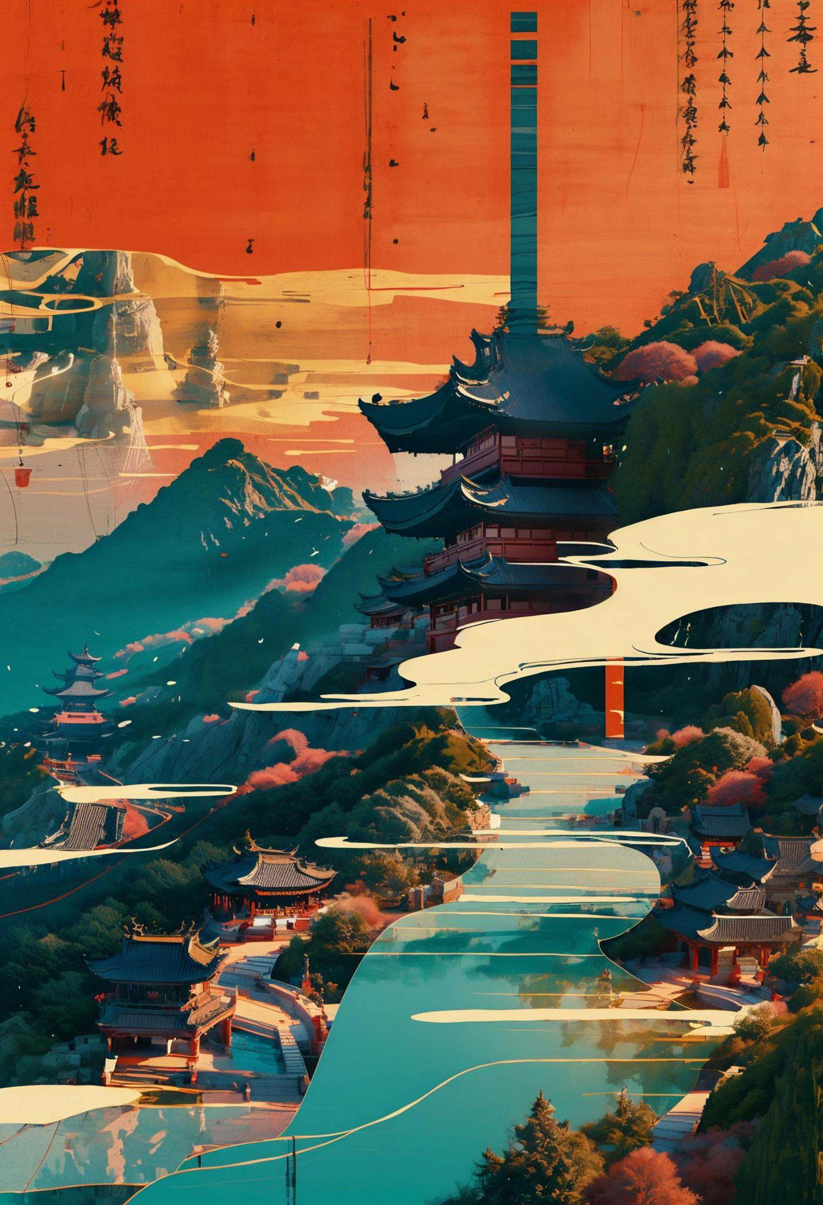 orient inspired,sky,cloud,water,tree,no humans,building,scenery,smoke,mountain,east asian architecture,pagoda,<lora:绪儿-东方灵韵xuer orient inspired:0.8>,