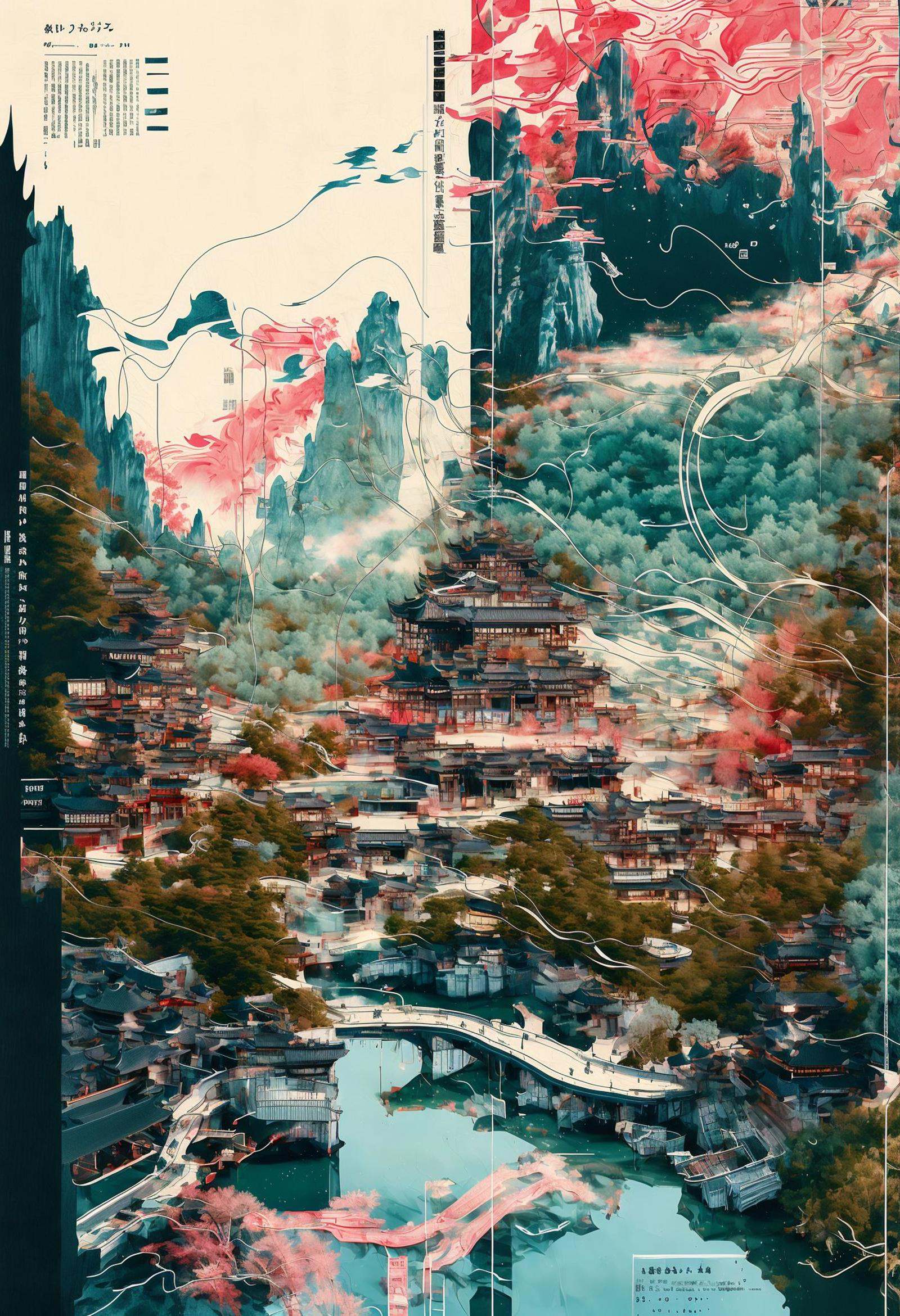 best quality,official art,beautiful and aesthetic:1.2),(fractal art:1.2),offcial art,colorful,Colorful background,splash of color,movie perspective,advertising style,magazine cover,32K,extremely detailed,photography,Amazing,finely detailed,best quality,ultra high res,The color palette is mainly dark with splashes of vibrant colors,giving the poster a dynamic and visually striking appearance,tachi-e (magazine:1.3),(cover-style:1.3),colorful,orient inspired,sky,cloud,tree,no humans,building,scenery,smoke,mountain,chinese text,bridge,east asian architecture,pagoda,<lora:绪儿-东方灵韵xuer orient inspired:1>,