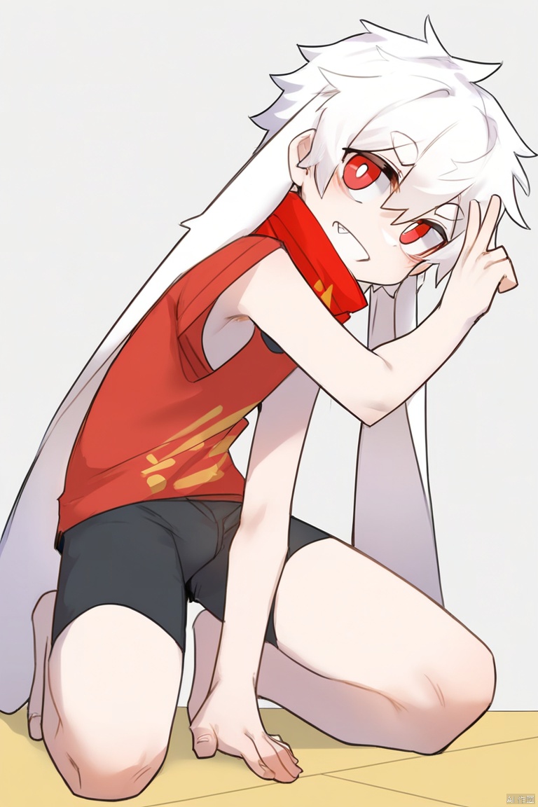 [[artist:nploser]],[[artist:nekowuwu]],deformed,
solo,male_focus,
vup-bai,(white_hair,red_eyes),(floppy_ears,lop_rabbit_ears),[red_scarf],
(red_t-shirt,single_sleeve),(black_shorts,barefoot),
BREAK,
from_side,kneeling,v,armpits,
(masterpiece, best_quality,highres,absurdres),