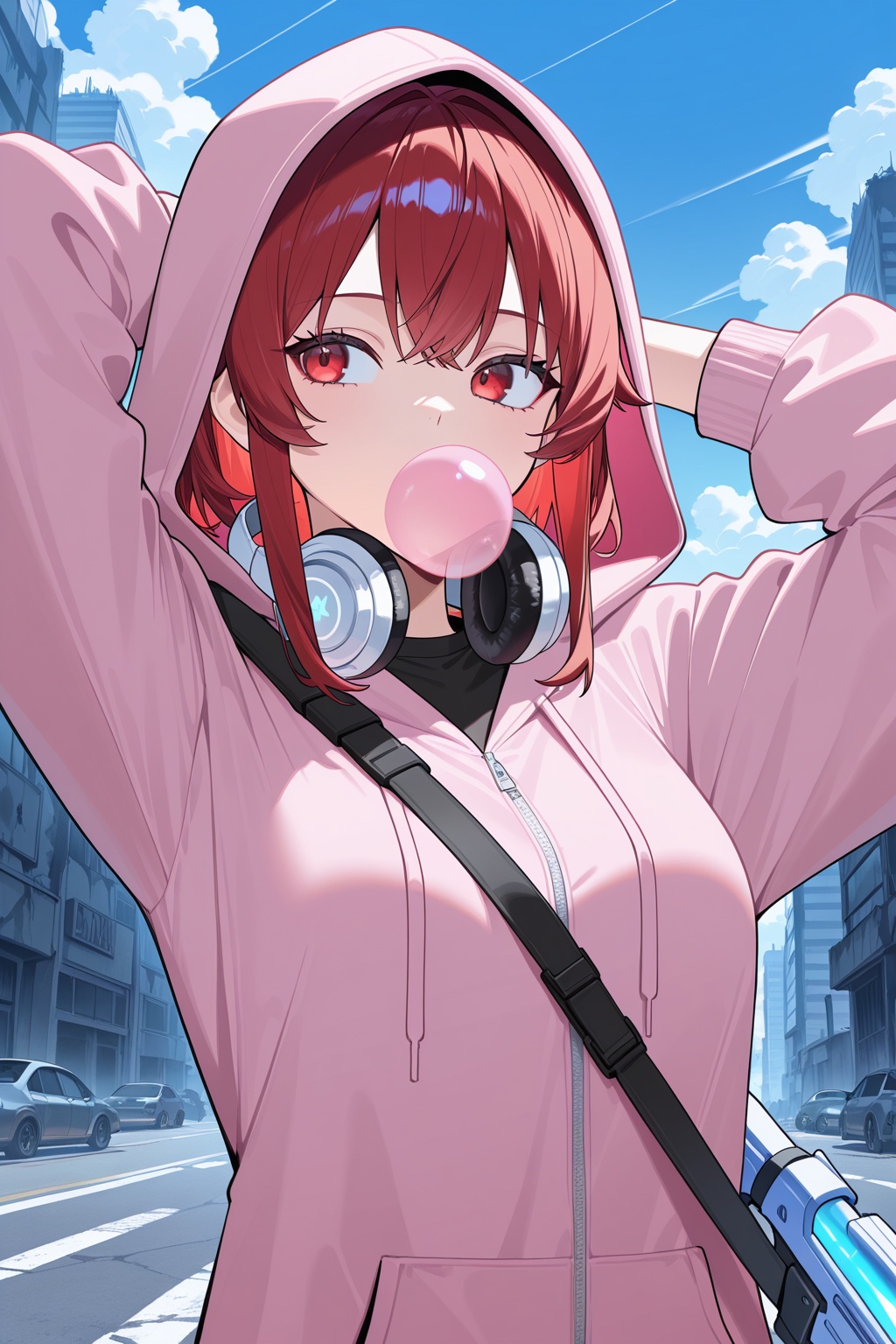 masterpiece, best quality, very aesthetic, ultra-detailed, absurdres, upper body, facing viewer, hands behind own head, 1girl, solo, look away, red hair, medium hair, choppy bangs, himecut, sidelocks, red eyes, bubble gum, pink hoodie, hood up, black shirt, techwear, plasma rifle, (weapon on own behind), headphone on neck, apocalypse, ruined city, blue sky, street, clouds, sci-fi,illuxy_style
