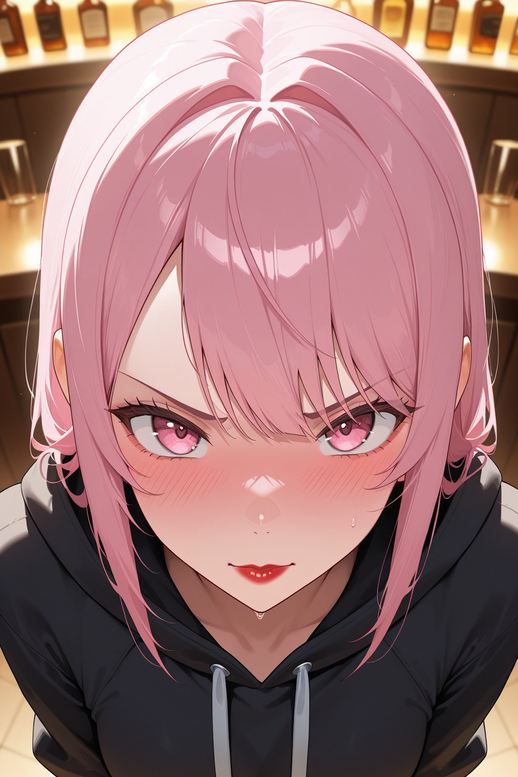 masterpiece, best quality, amazing quality, very aesthetic, high resolution, ultra-detailed, absurdres, newest, 8k UHD, POV, close up, 1girl, solo, look at viewer, short pink hair, bangs, pink eyes, red lips, tsundere, blushing, angry cute face, cyberpunk style, bar, standing, black hoodie, red shirt
