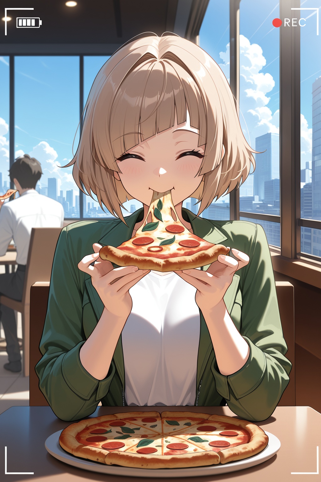 masterpiece, best quality, very aesthetic, ultra-detailed, incredibly absurdres, viewfinder, facing view, upper body, 1girl, solo focus, eating pizza, light brown, short hair, bob cut, hair intakes, wavy hair, diagonal bangs, happy, excited, green jacket, white shirt, restaurant, sitting on chair, table, indoors, volumetric lighting, window, city, blue sky, clouds, sunlight, shade