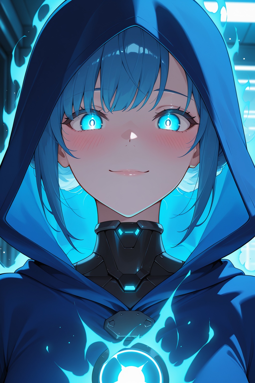 masterpiece, best quality, amazing quality, very aesthetic, high resolution, ultra-detailed, absurdres, newest, 8k UHD, close up, cyborg, 1girl, solo, look at viewer, short blue hair, bobbed hairstyle, bangs, slight smile, happy face, blushing, glowing eyes, cyberpunk, indoors, sorceress, blue robe, hood, magic, fantasy, ((blue energy aura, blue light particles:1.2)), neon room
