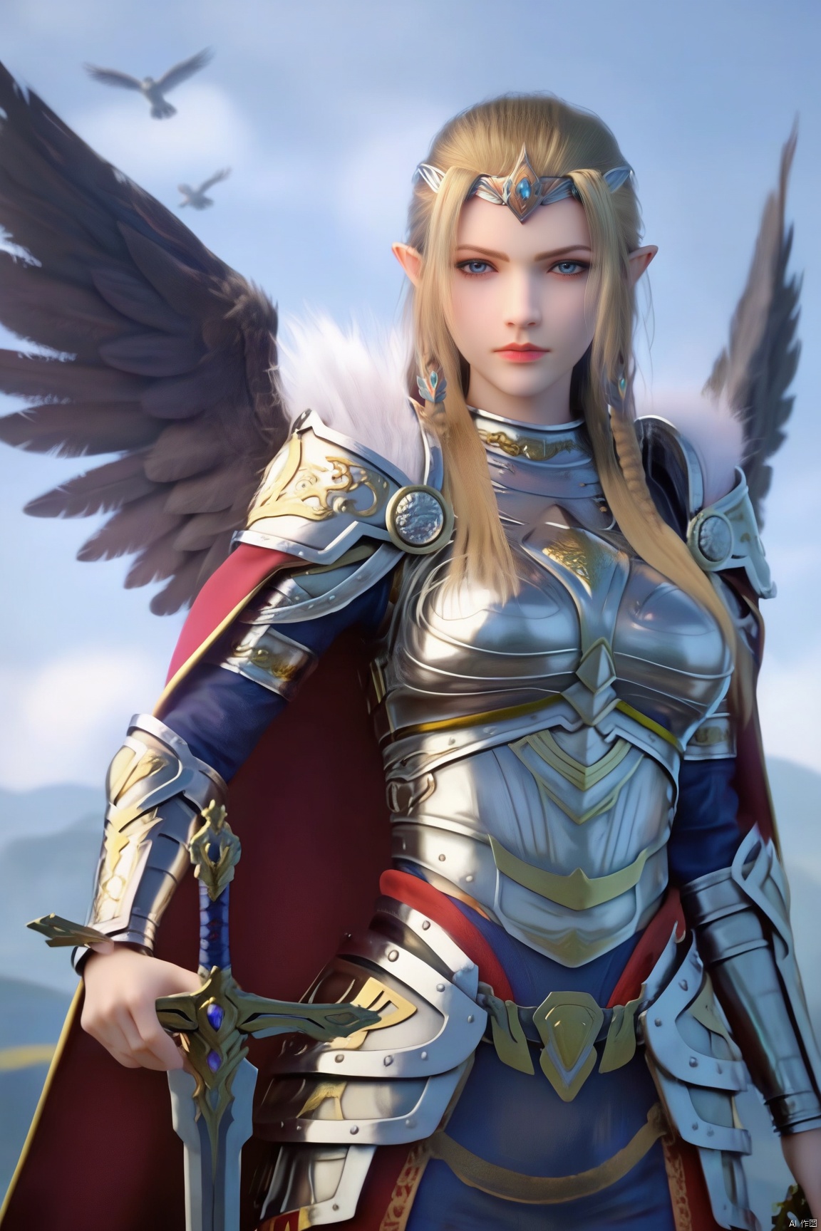 score_9_up,score_8_up,score_7_up,(Masterpiece, Best Quality, Photorealistic, High Resolution, 8K Raw), 
1girl, solo, long hair, looking at viewer, blue eyes, blonde hair, holding, standing, weapon, wings, pointy ears, sword, cape, holding weapon, armor, bird, holding sword,
pale skin,translucent,realistic,white skin,