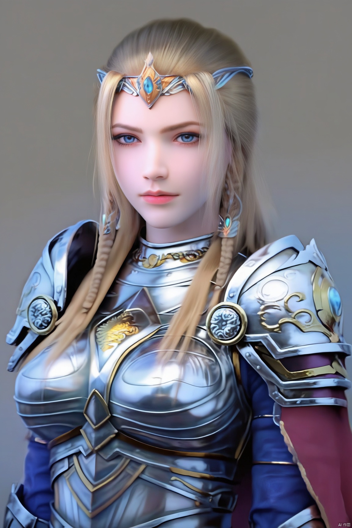 score_9_up,score_8_up,score_7_up,(Masterpiece, Best Quality, Photorealistic, High Resolution, 8K Raw), 
1girl, solo, long hair, looking at viewer, blue eyes, blonde hair, standing, armor, gradient, gradient background, shoulder armor, pauldrons, breastplate,
pale skin,translucent,realistic,white skin,