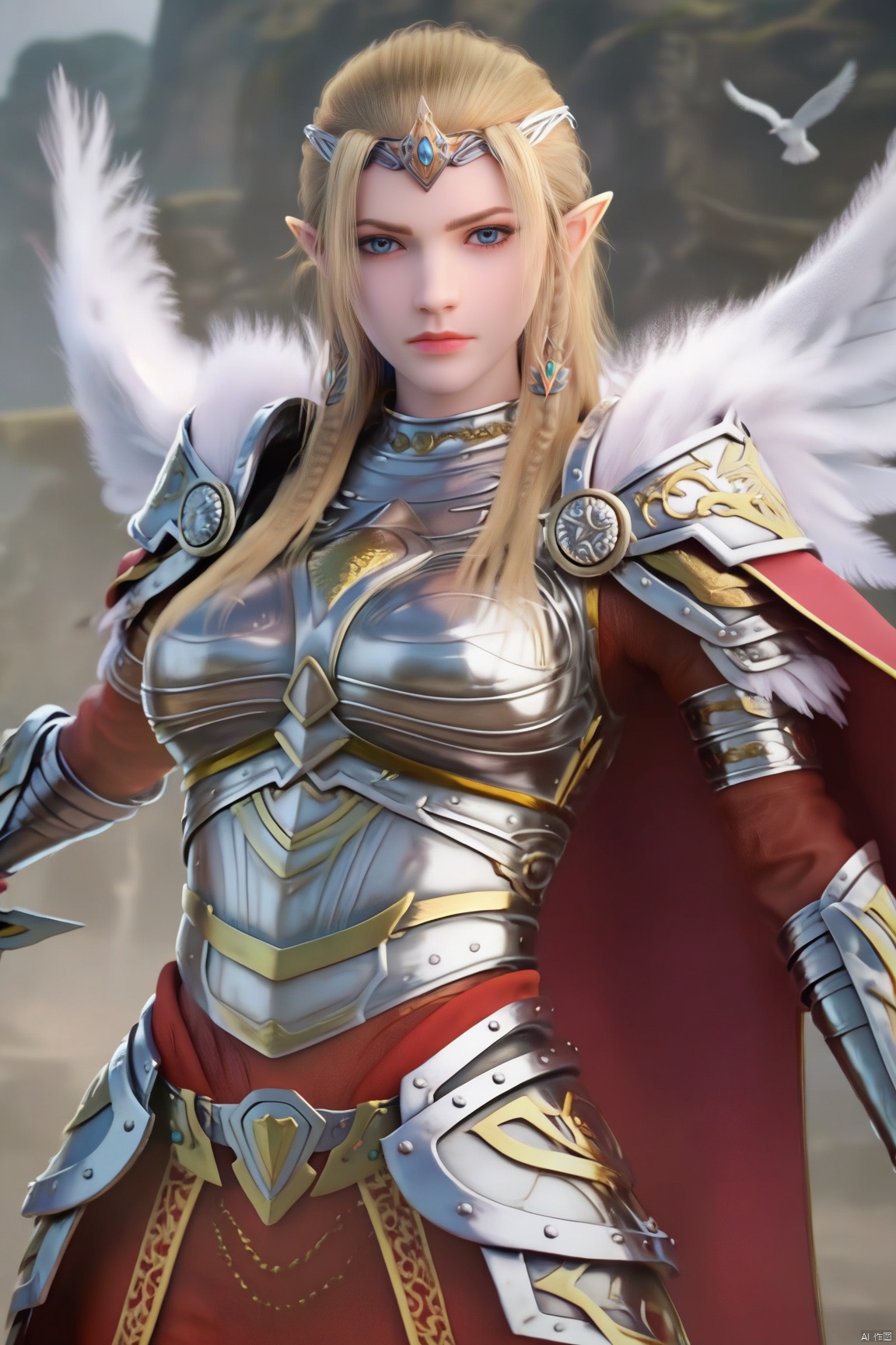 score_9_up,score_8_up,score_7_up,(Masterpiece, Best Quality, Photorealistic, High Resolution, 8K Raw), 
1girl, solo, long hair, looking at viewer, blue eyes, blonde hair, holding, standing, weapon, wings, pointy ears, sword, cape, holding weapon, armor, bird, holding sword,
pale skin,translucent,realistic,white skin,