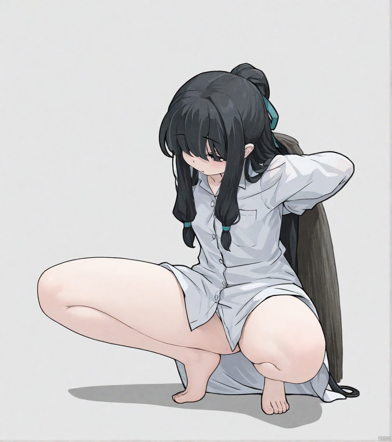 solo,highly detailed,(best quality),((masterpiece)),simple background,1girl,Piazi,dress_shirt,black hair,squatting,spread legs,arms_behind_back,