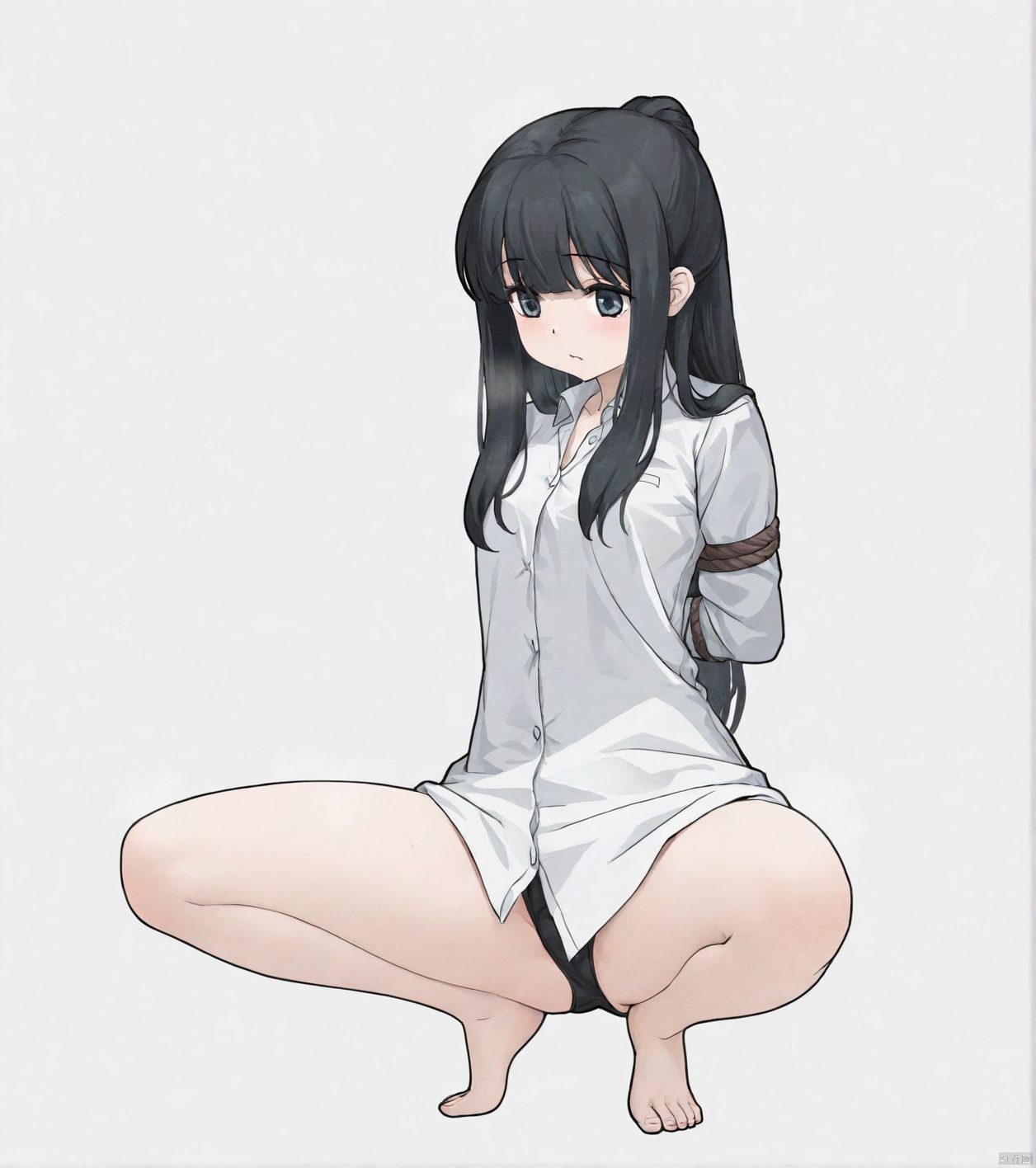 solo,highly detailed,(best quality),((masterpiece)),simple background,1girl,Piazi,dress_shirt,black hair,squatting,spread legs,arms_behind_back,