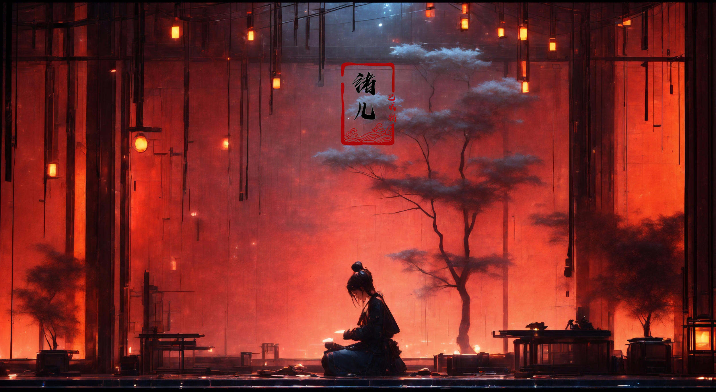 masterpiece, best quality, 8k,lindoor，1girl, solo，sitting，science fiction，glowing，weapon，window，architecture，night，lantern，plant，tree，indoors，<lora:indoor_20230827164629:0.8>