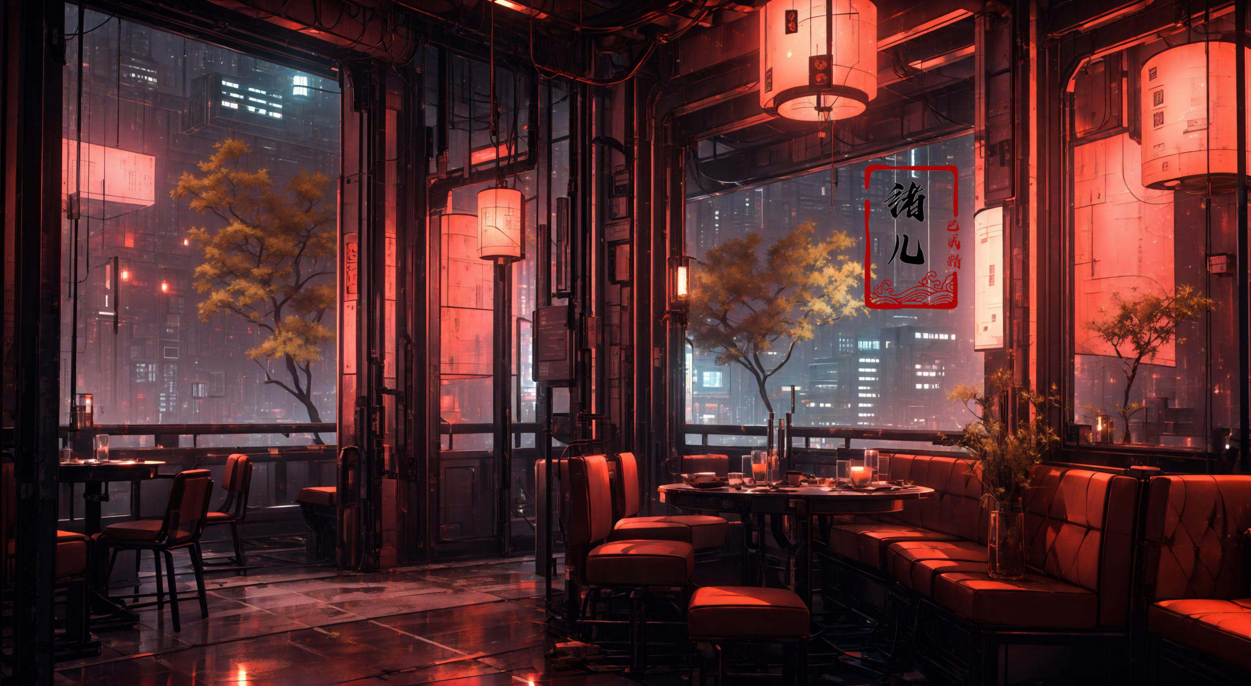 masterpiece, best quality, 8k,lindoor，1girl, solo，sitting，restaurant，science fiction，glowing，weapon，window，no humans，architecture，night，lantern，plant，tree，indoors，<lora:indoor_20230827164629:0.8>