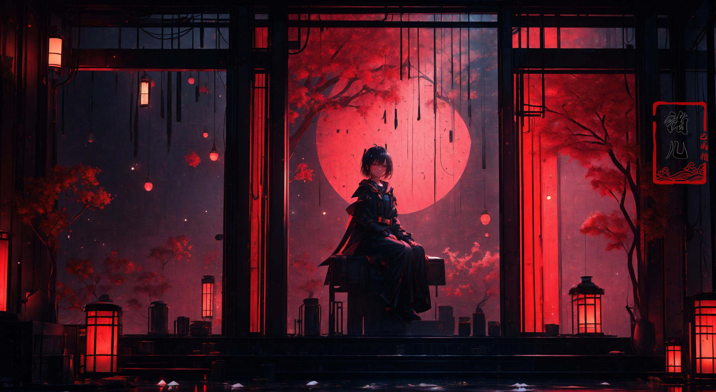 masterpiece, best quality, 8k,lindoor，1girl, solo，sitting，science fiction，glowing，weapon，window，architecture，night，lantern，plant，tree，indoors，<lora:indoor_20230827164629:0.8>