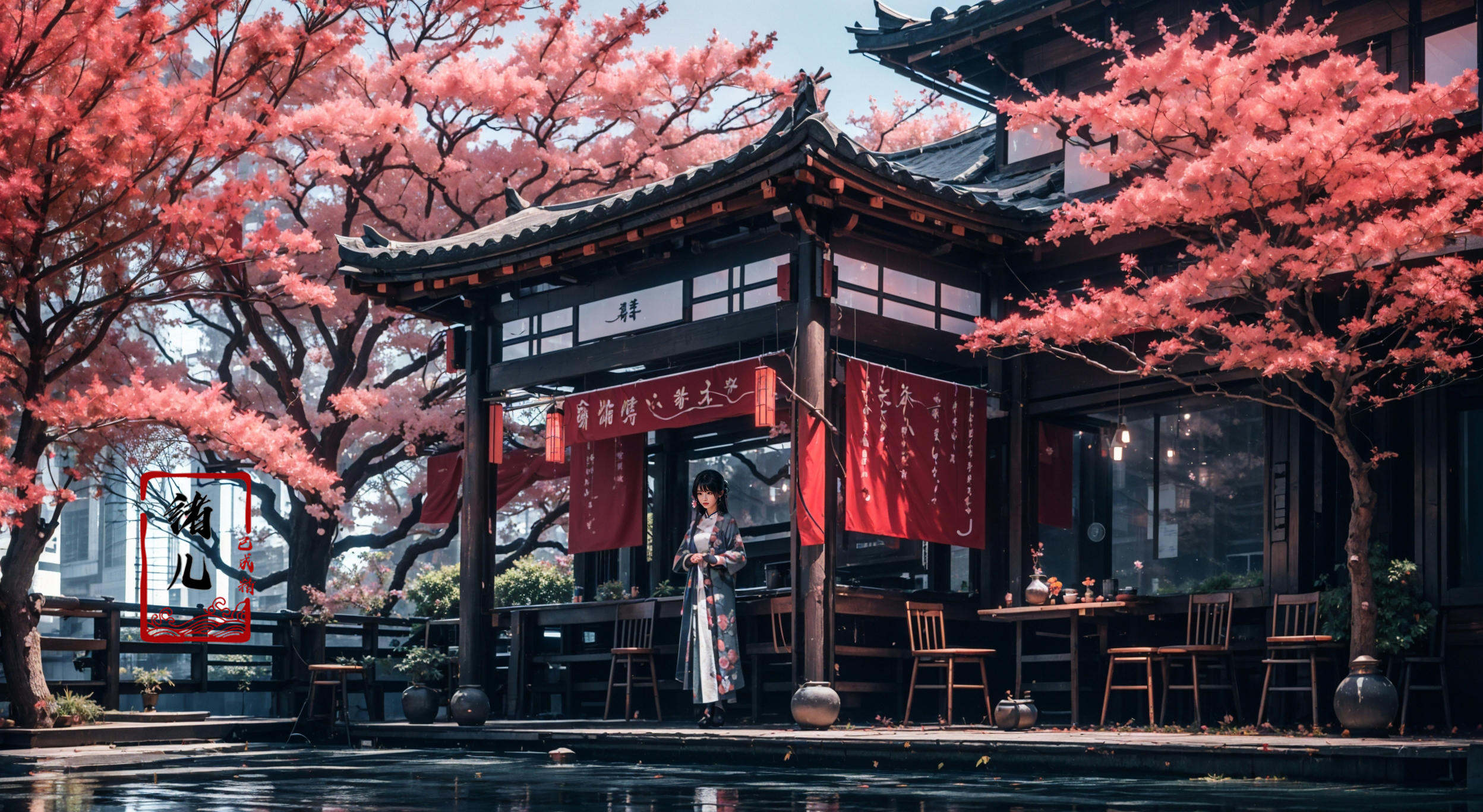masterpiece, best quality, 8k,1girl, upper body，cherry blossoms，east asian architecture，petals，potted plant，reflection，red flower，water，chinese clothes，wide shot，autumn leaves，<lora:indoor_20230827164629:0.8>