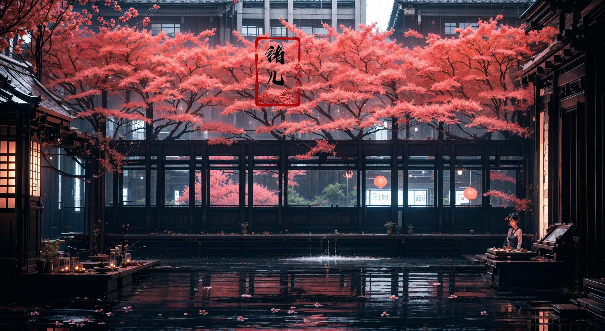 masterpiece, best quality, 8k,1girl, upper body，cherry blossoms，east asian architecture，petals，potted plant，reflection，red flower，water，chinese clothes，wide shot，autumn leaves，<lora:indoor_20230827164629:0.8>