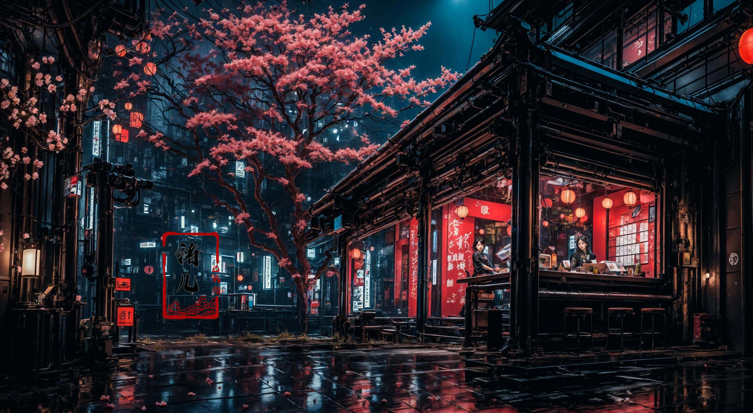 masterpiece, best quality, 8k,1girl, upper body，cherry blossoms，east asian architecture，petals，potted plant，reflection，red flower，water，chinese clothes，wide shot，autumn leaves，<lora:indoor_20230827164629:0.8>