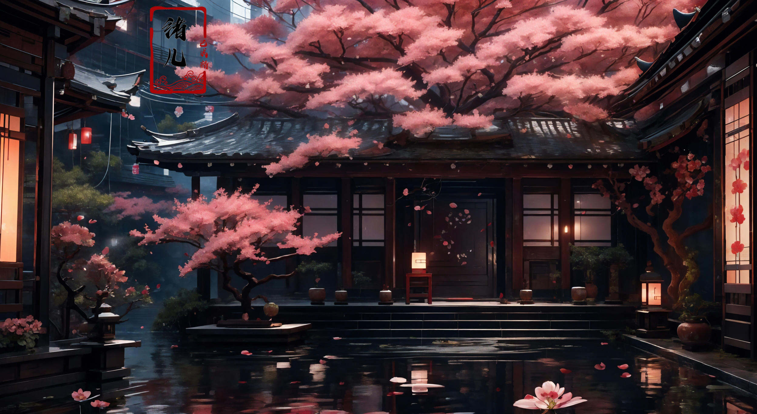 masterpiece, best quality, 8k,1girl, upper body，cherry blossoms，east asian architecture，petals，potted plant，reflection，red flower，water，chinese clothes，wide shot，autumn leaves，<lora:indoor_20230827164629:0.8>