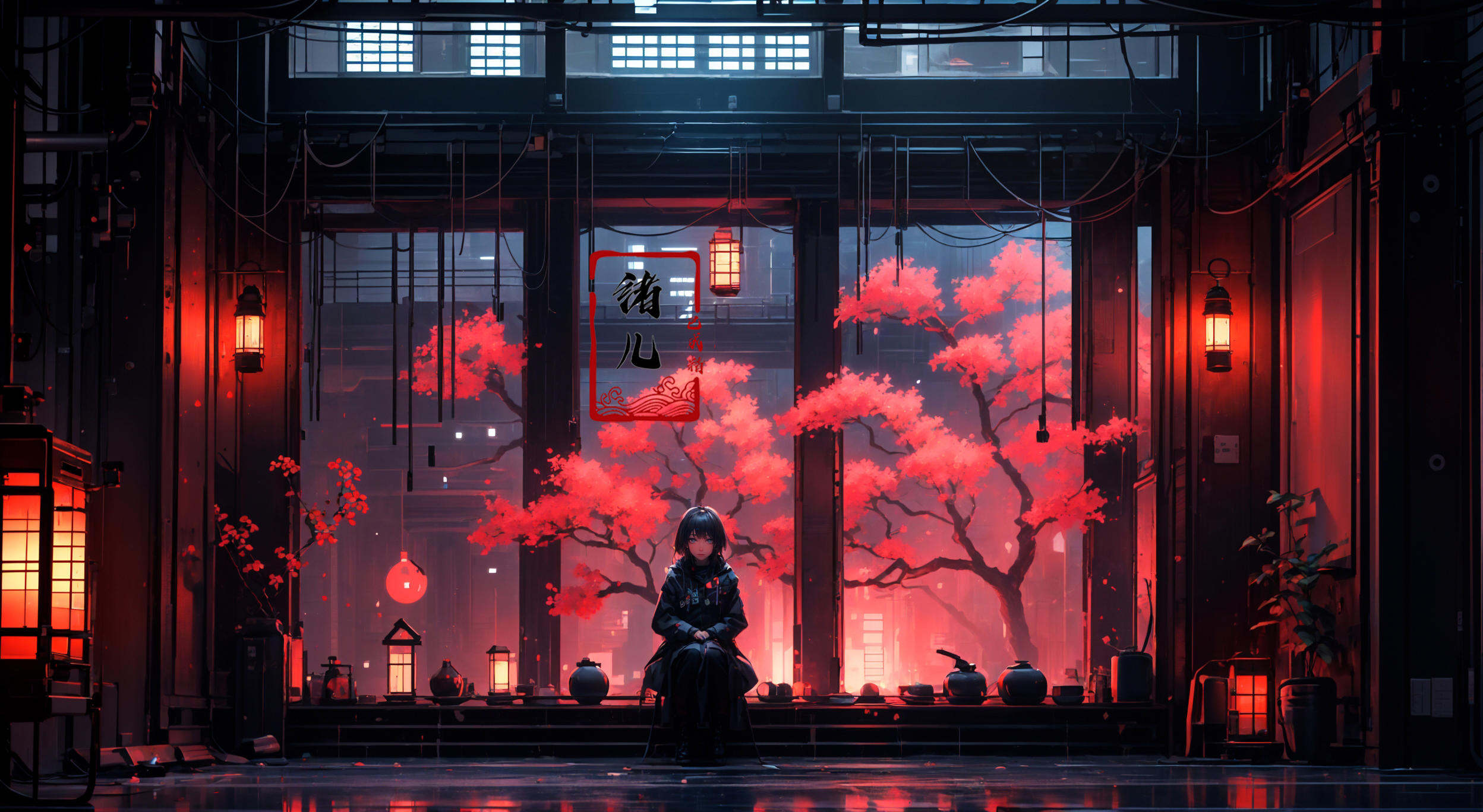 masterpiece, best quality, 8k,lindoor，1girl, solo，sitting，science fiction，glowing，weapon，window，no humans，architecture，night，lantern，plant，tree，indoors，<lora:indoor_20230827164629:0.8>